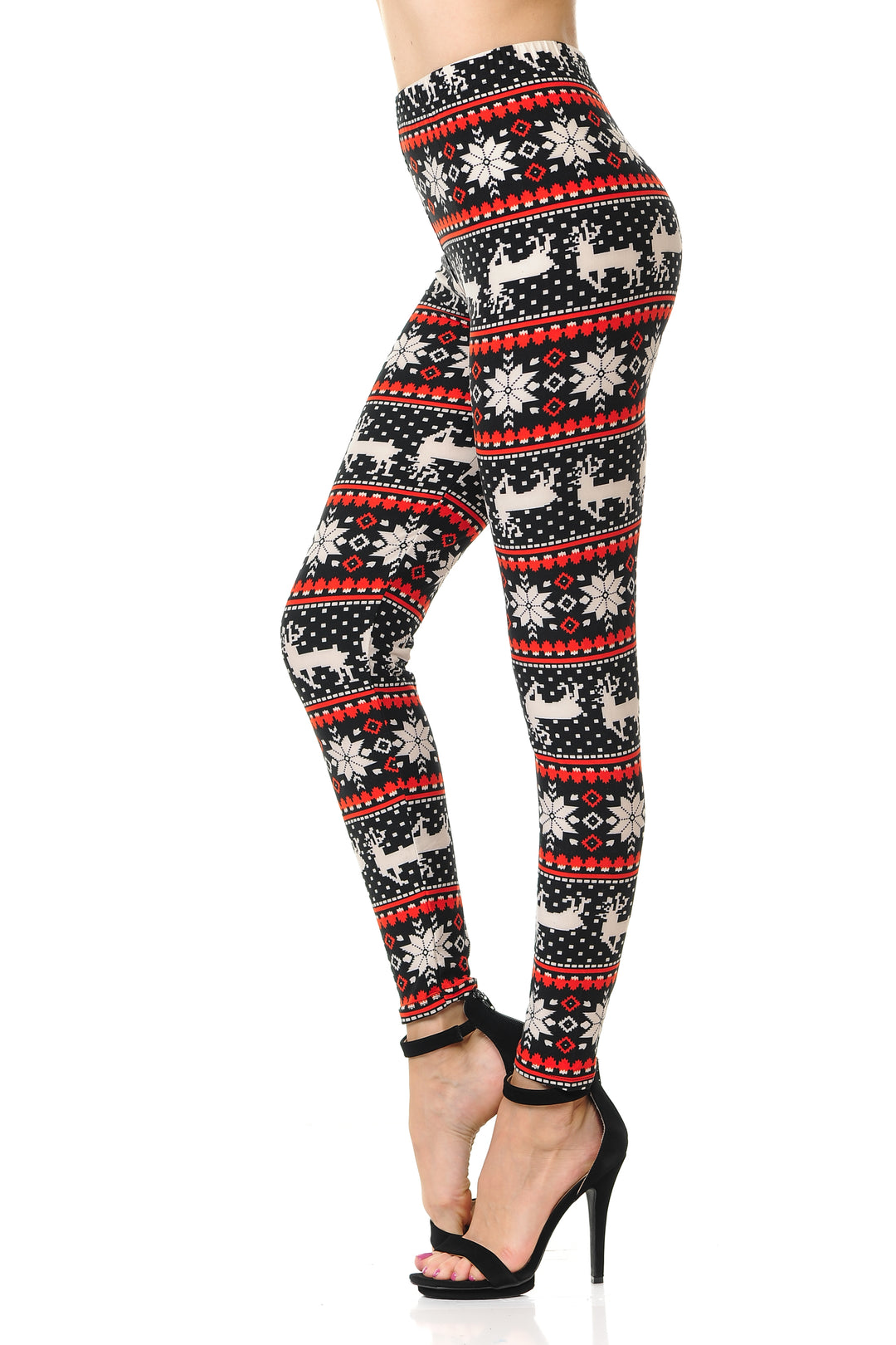 Buttery Soft Snowflakes and Reindeer Christmas Leggings (One Size Regular,Red)