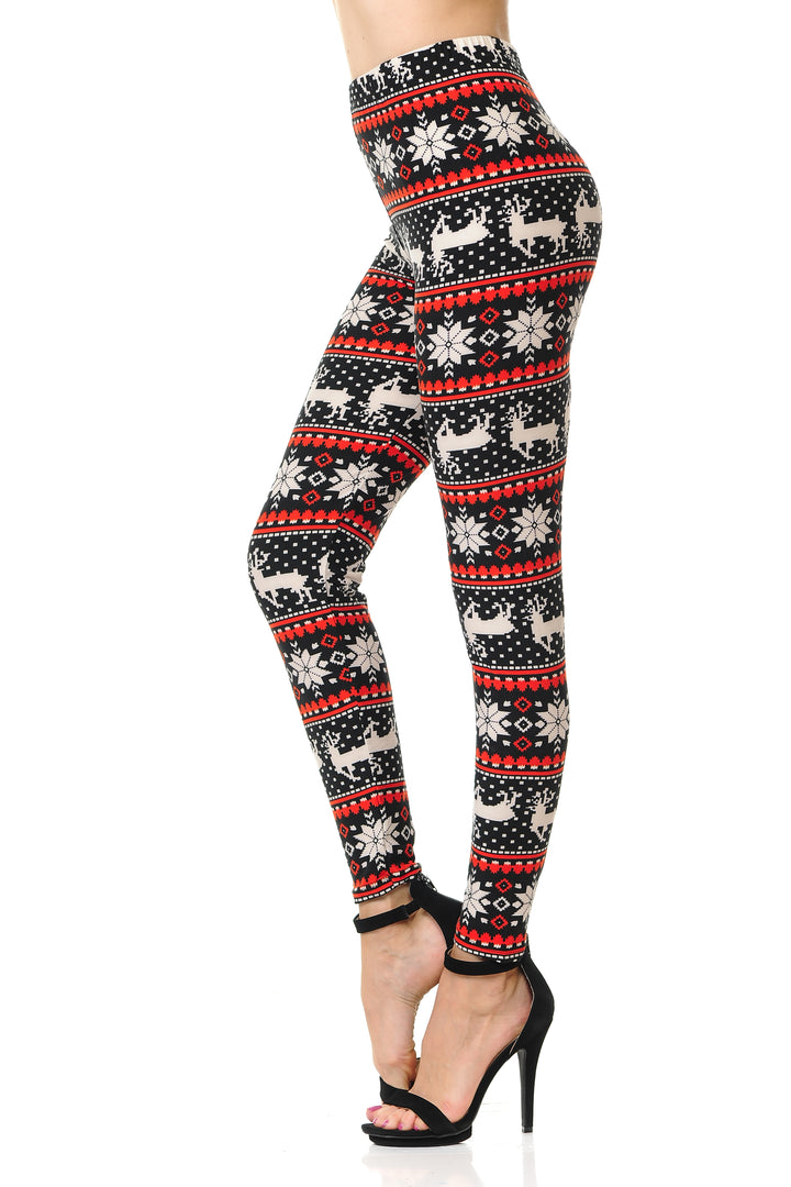 Buttery Soft Snowflakes and Reindeer Christmas Leggings (One Size Regular,Red)