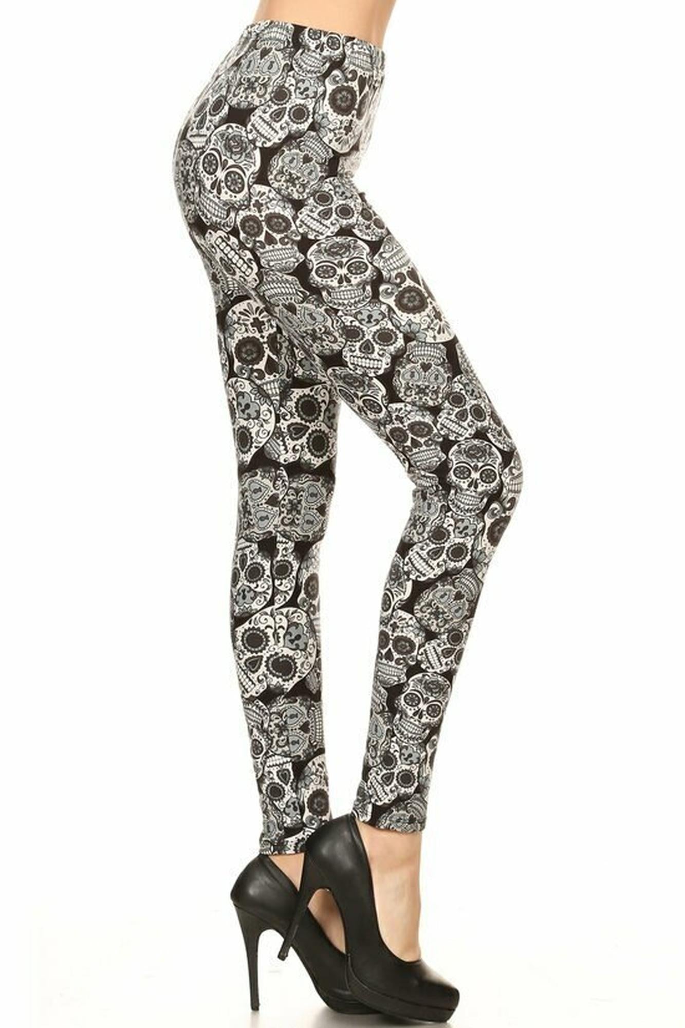 Buttery Soft Charcoal Sugar Skull Leggings (One Size Regular,Charcoal)