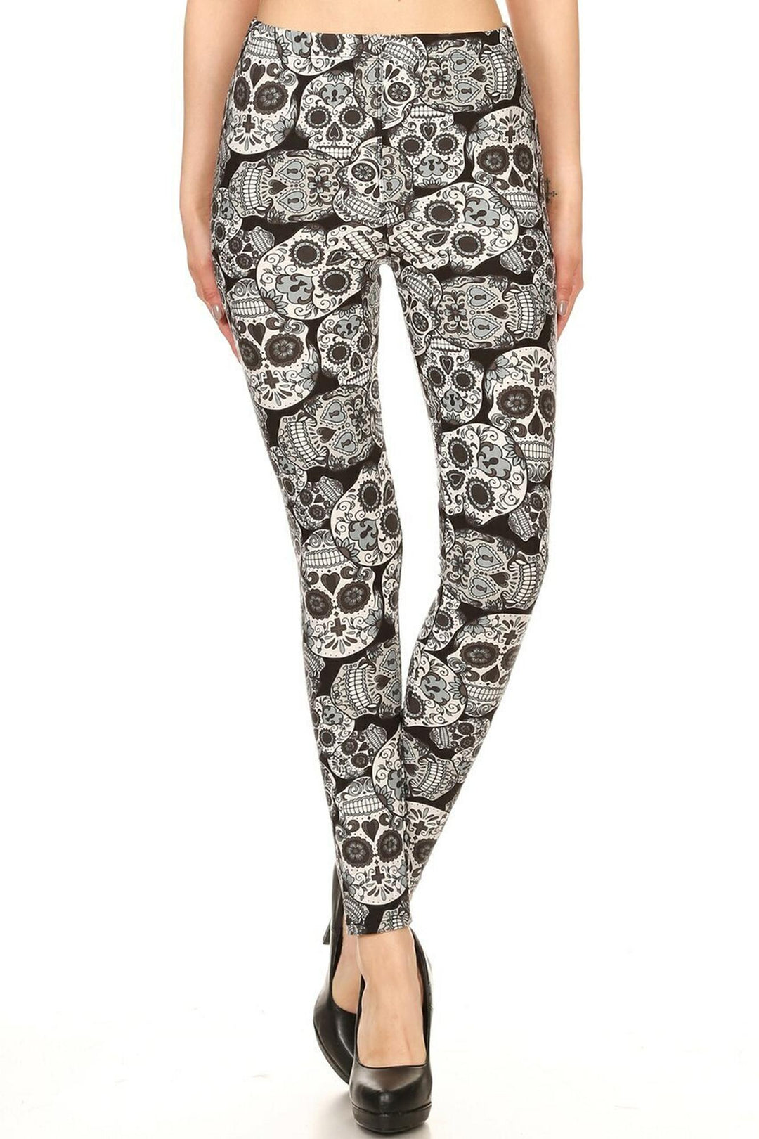 Buttery Soft Charcoal Sugar Skull Leggings (One Size Regular,Charcoal)