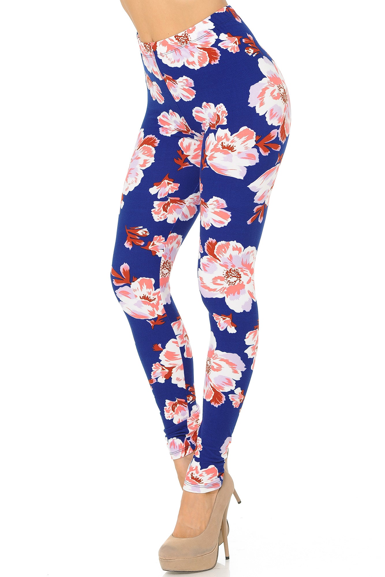 Buttery Soft Blooming Floral On Blue Leggings (One Size Regular,Blue)