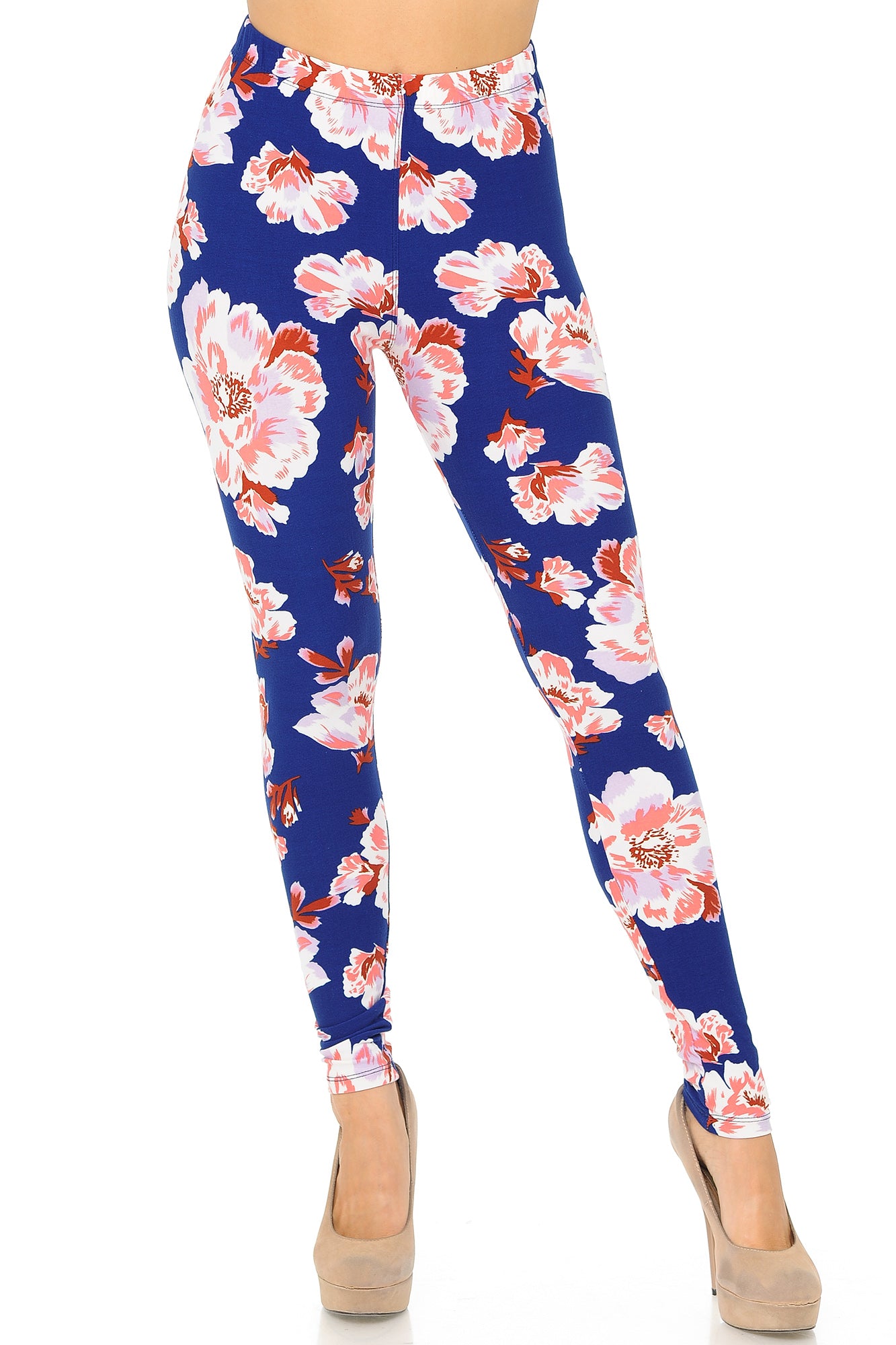 Buttery Soft Blooming Floral On Blue Leggings (One Size Regular,Blue)