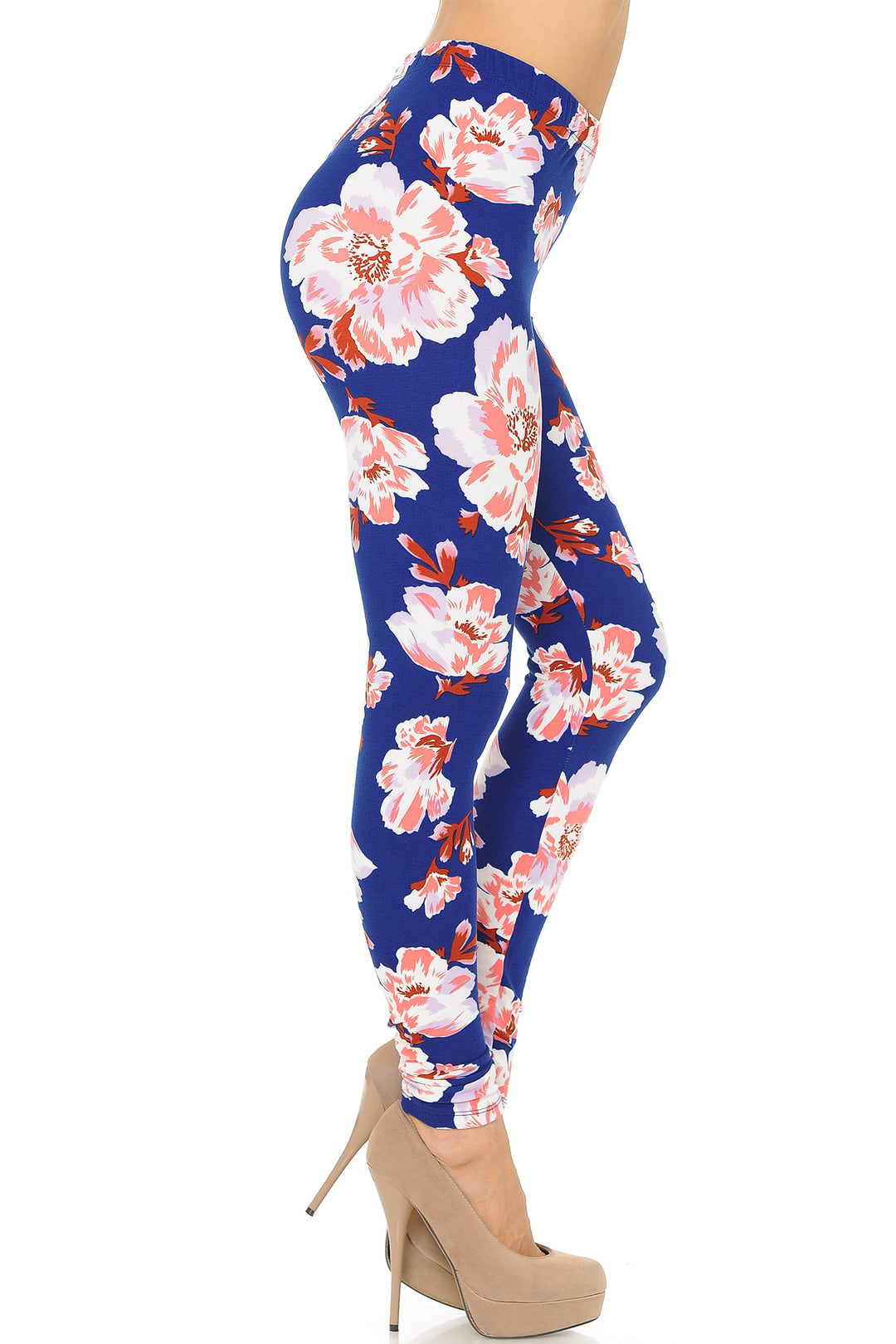 Buttery Soft Blooming Floral On Blue Leggings (One Size Regular,Blue)