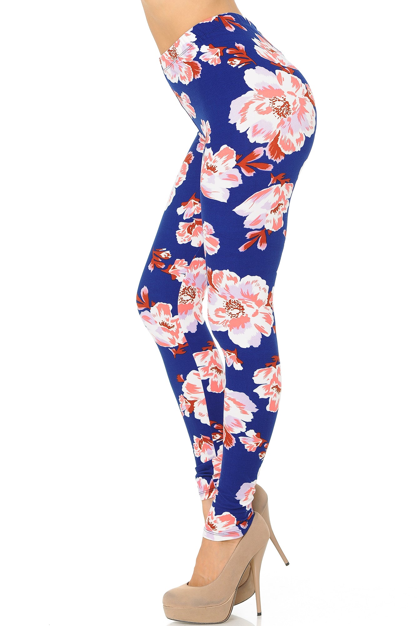 Buttery Soft Blooming Floral On Blue Leggings (One Size Regular,Blue)