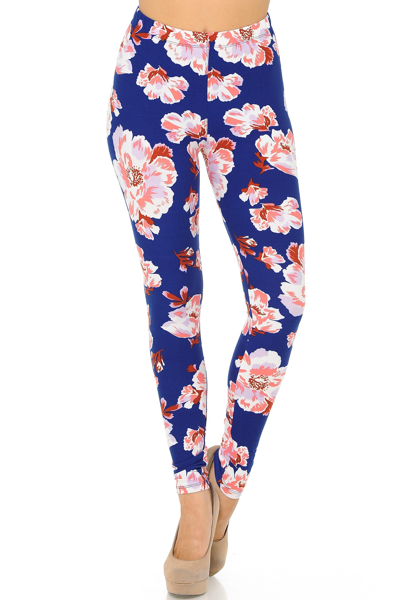 Buttery Soft Blooming Floral On Blue Leggings (One Size Regular,Blue)