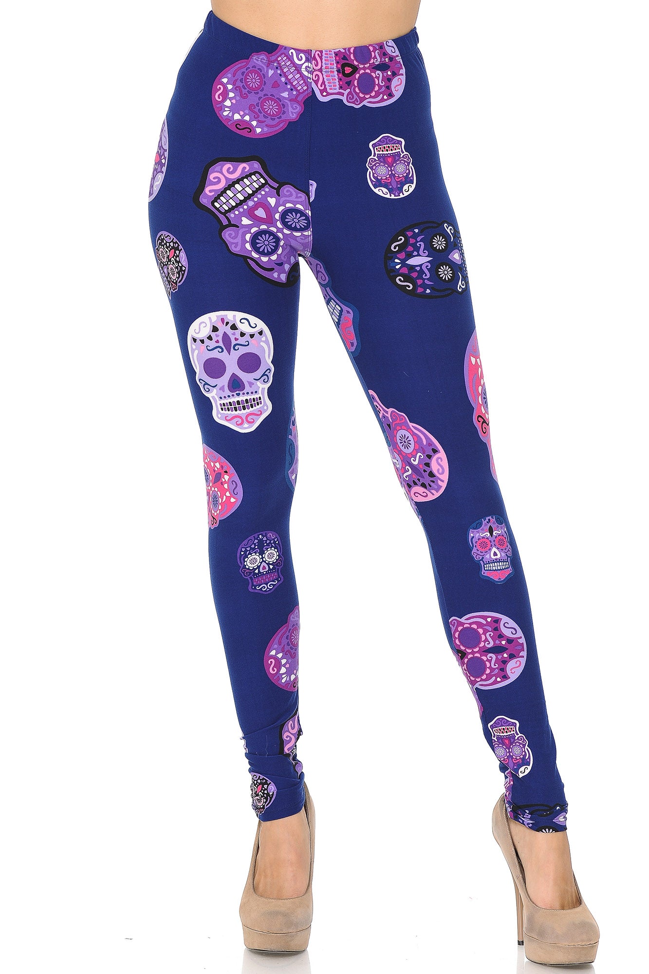 Buttery Soft Violet Sugar Skulls Leggings (One Size Regular,Purple)