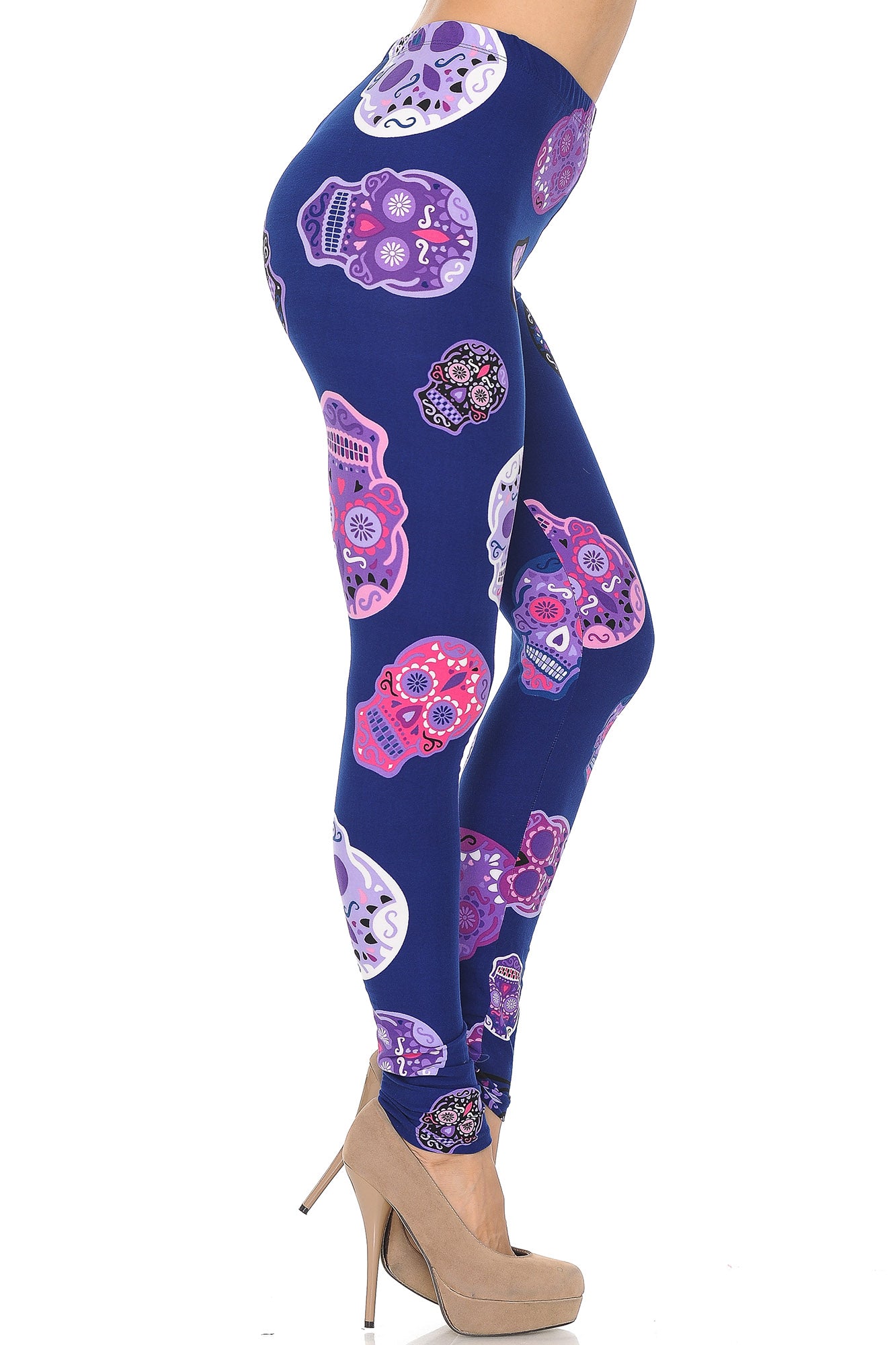 Buttery Soft Violet Sugar Skulls Leggings (One Size Regular,Purple)