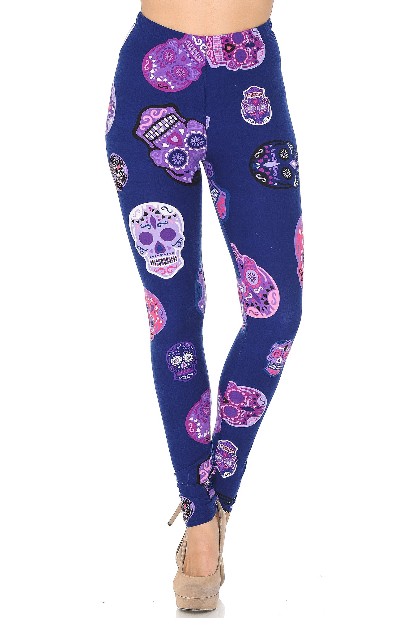Buttery Soft Violet Sugar Skulls Leggings (One Size Regular,Purple)