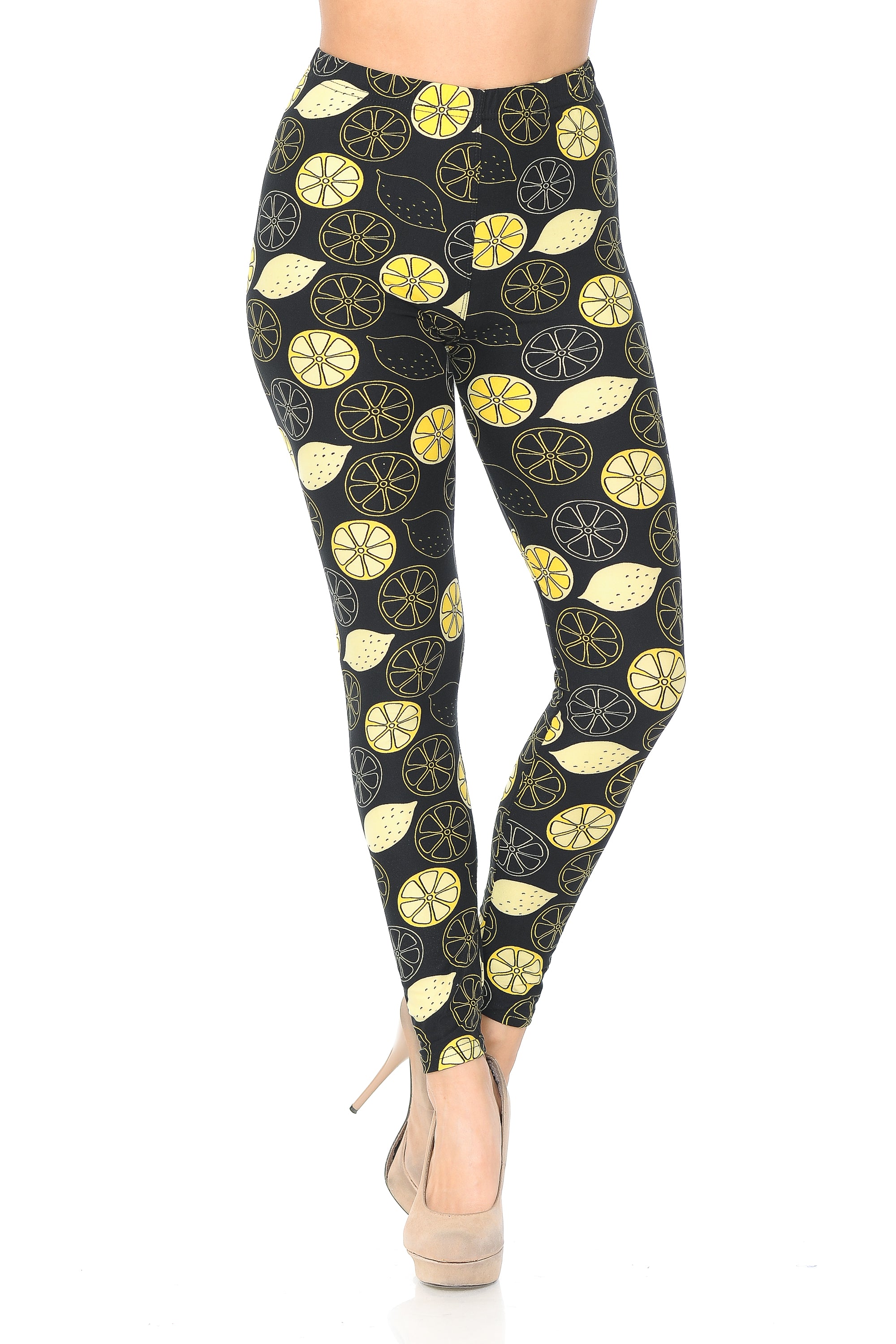 Buttery Soft Juicy Summer Lemons Leggings (One Size Regular,Yellow)