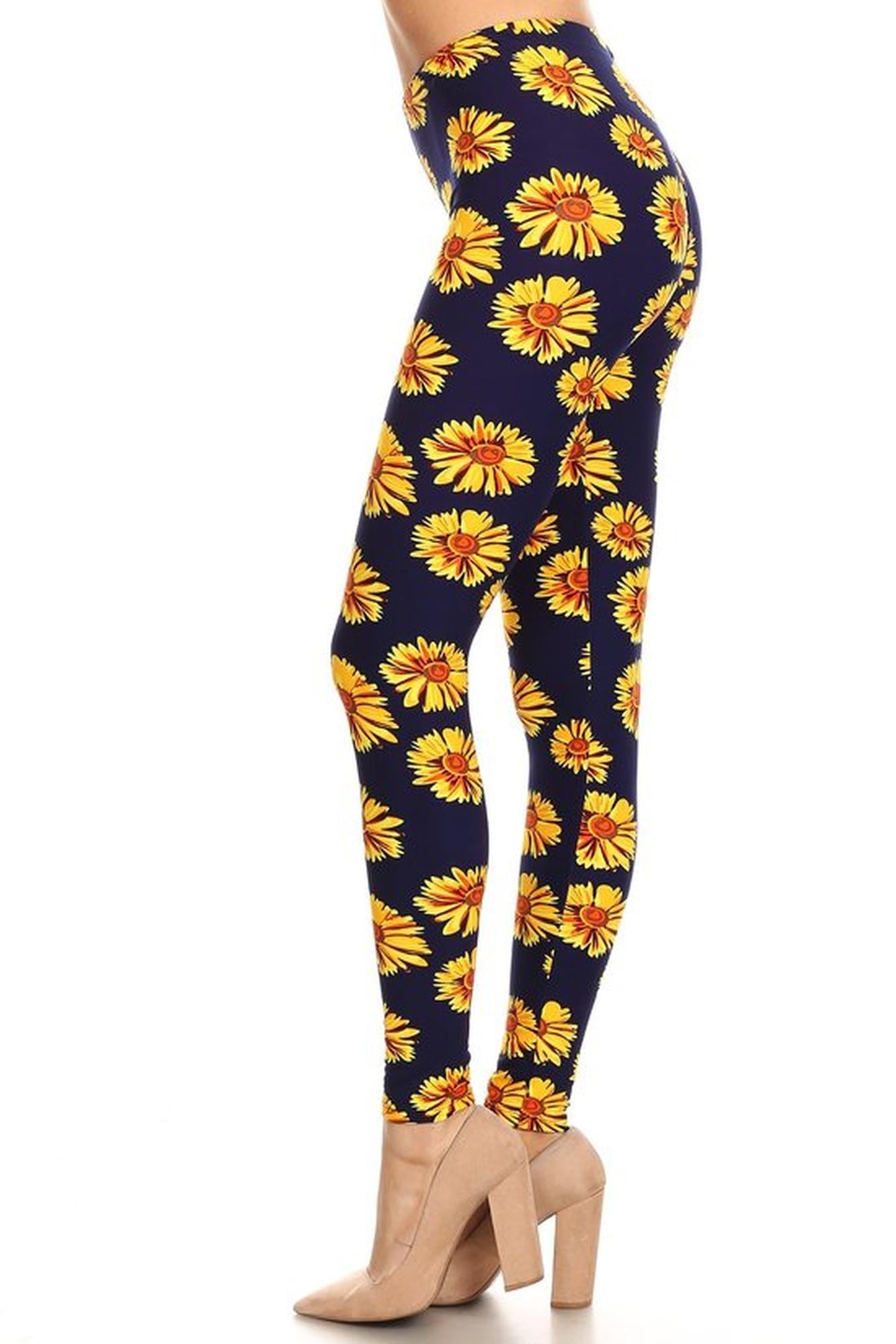 Buttery Soft Summer Daisy Leggings (One Size Regular,Yellow)