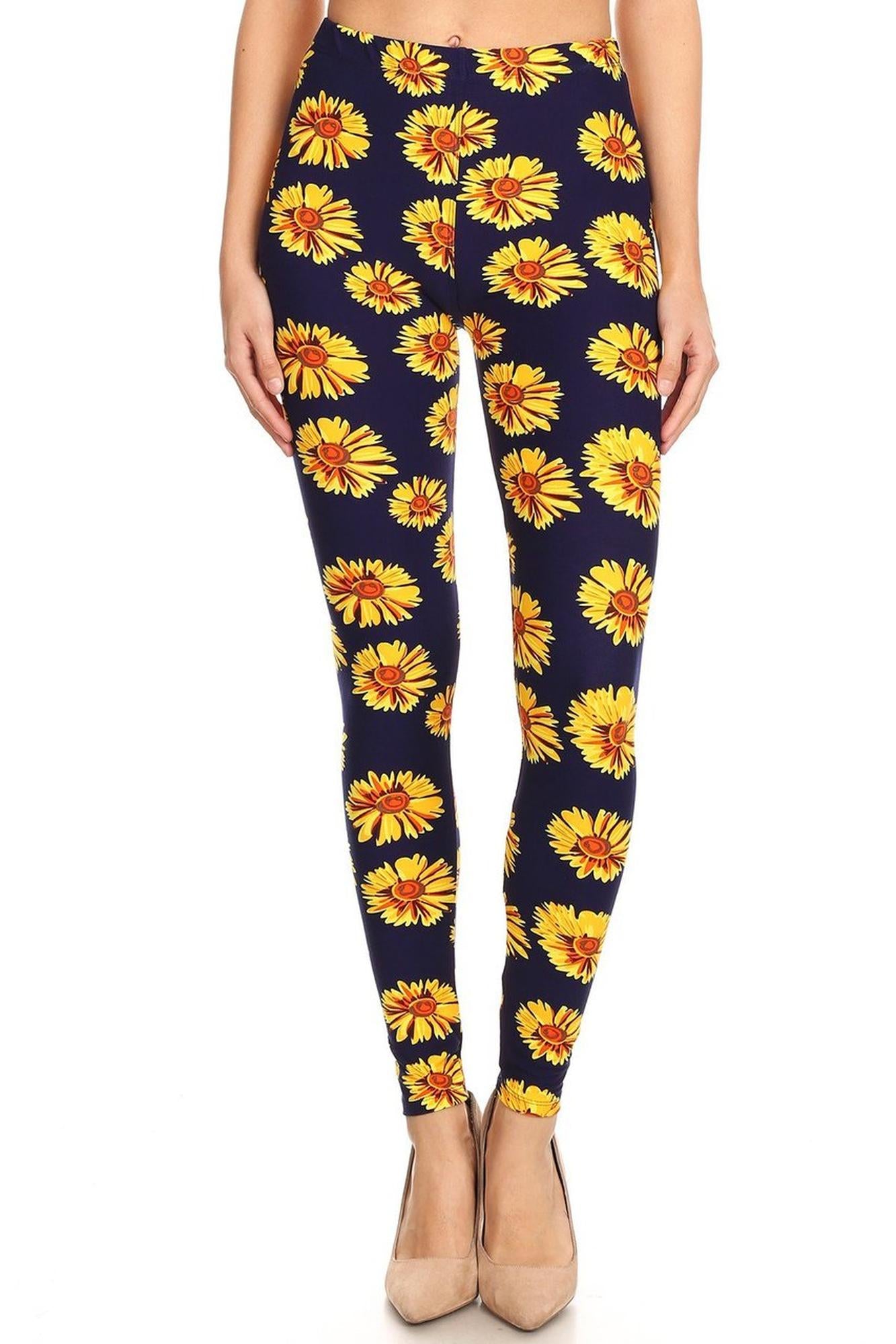 Buttery Soft Summer Daisy Leggings (One Size Regular,Yellow)