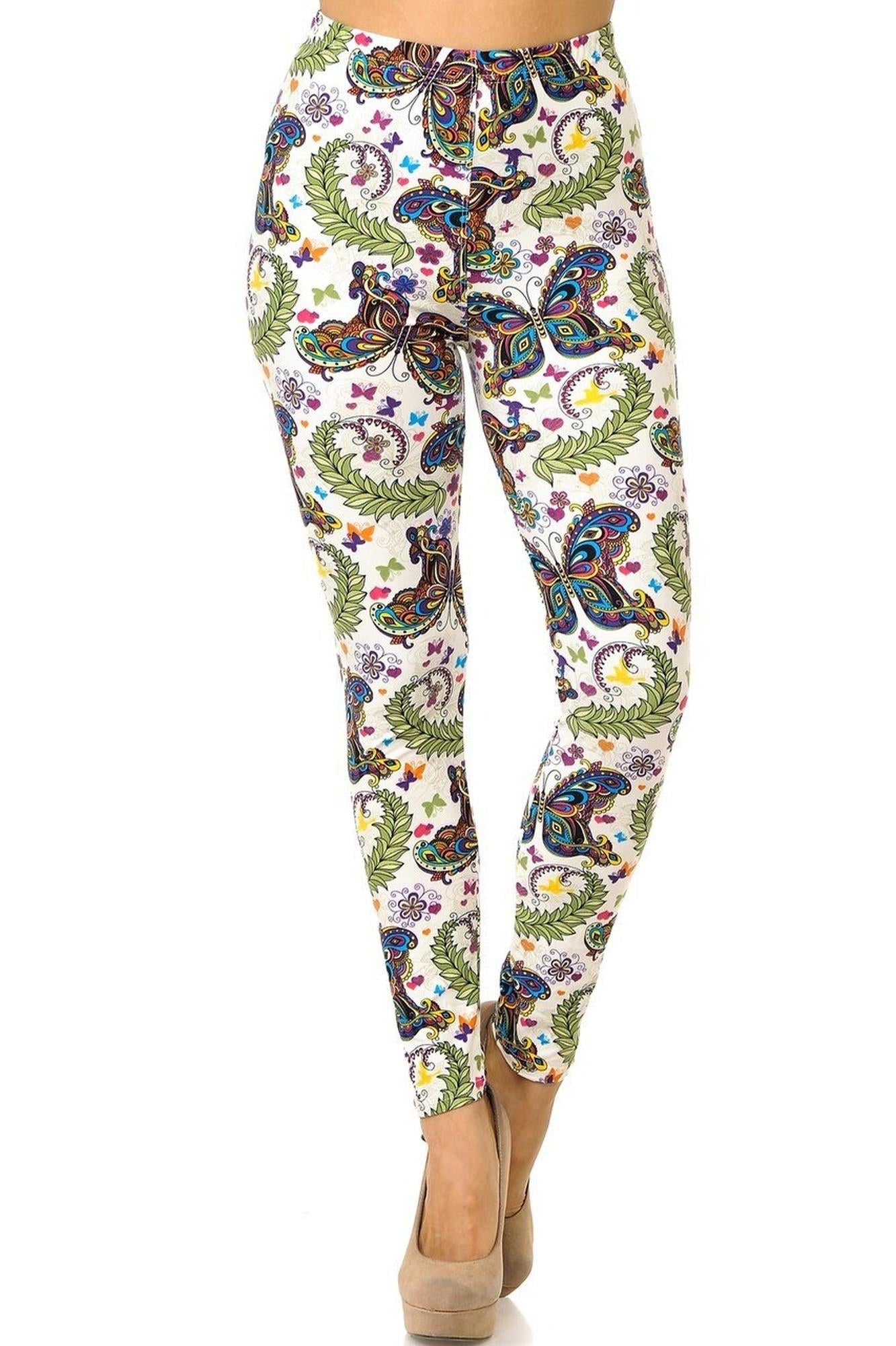 Buttery Soft Dainty Ivory Butterfly Leggings (One Size Regular,Ivory)