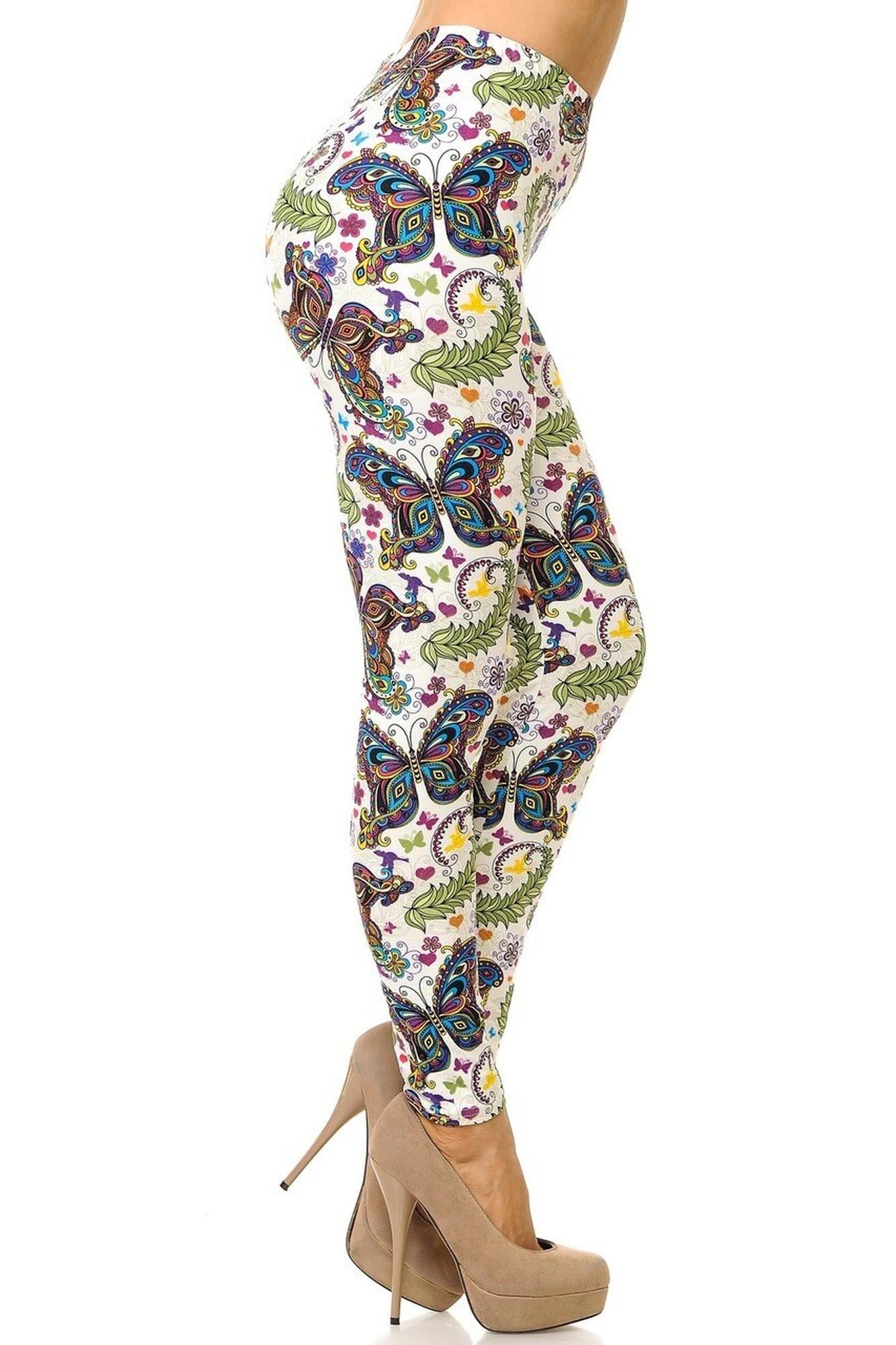 Buttery Soft Dainty Ivory Butterfly Leggings (One Size Regular,Ivory)