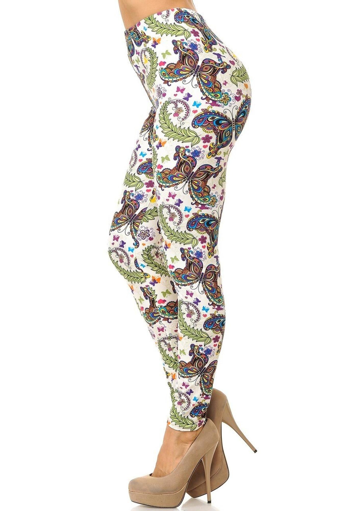 Buttery Soft Dainty Ivory Butterfly Leggings (One Size Regular,Ivory)