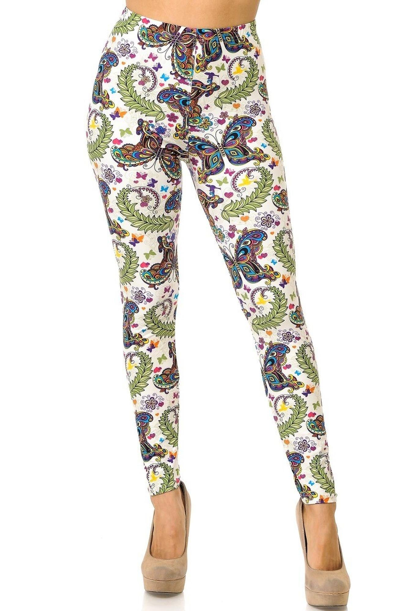 Buttery Soft Dainty Ivory Butterfly Leggings (One Size Regular,Ivory)