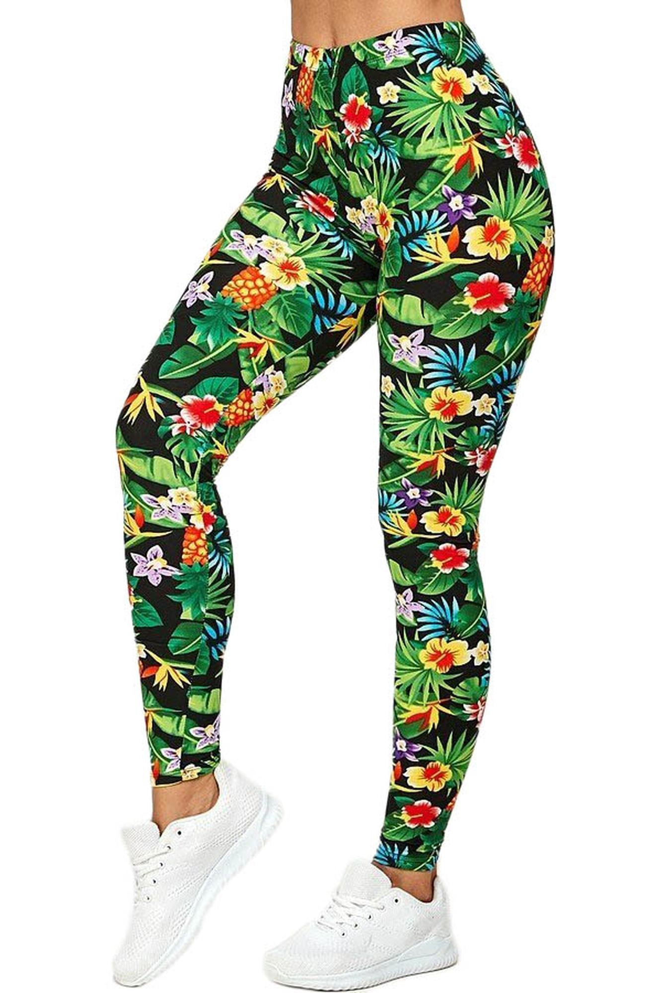 Buttery Soft Tropicana Floral Leggings (One Size Regular,Green)