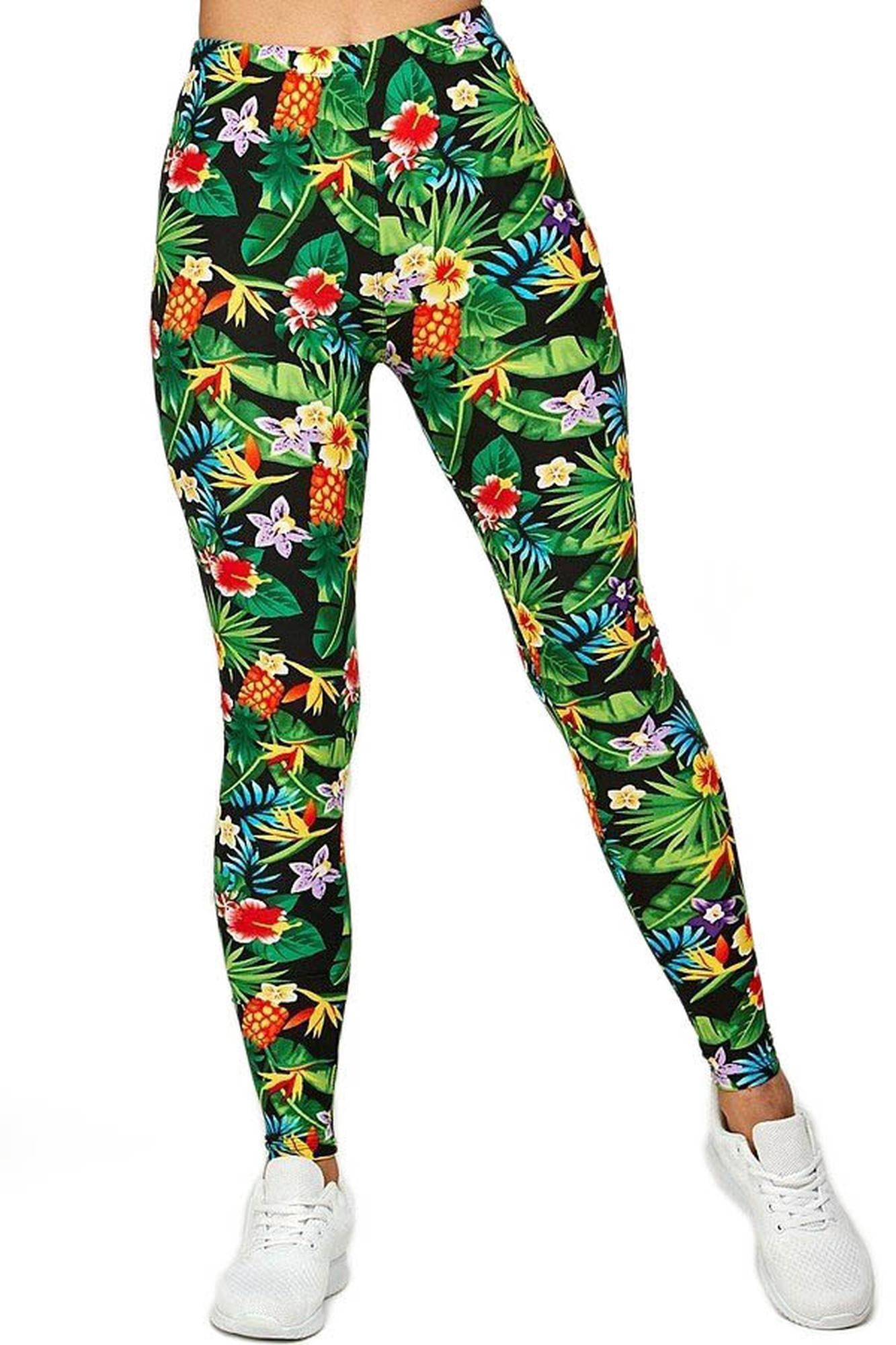 Buttery Soft Tropicana Floral Leggings (One Size Regular,Green)