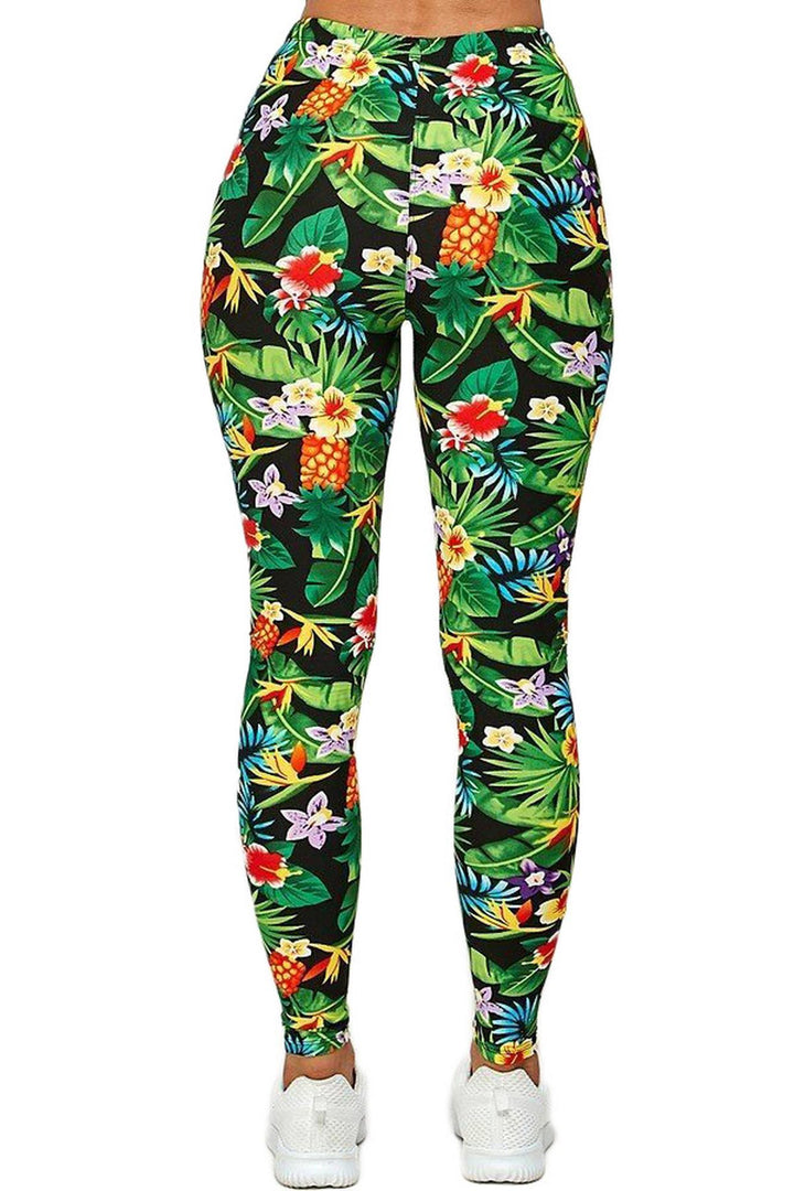 Buttery Soft Tropicana Floral Leggings (One Size Regular,Green)