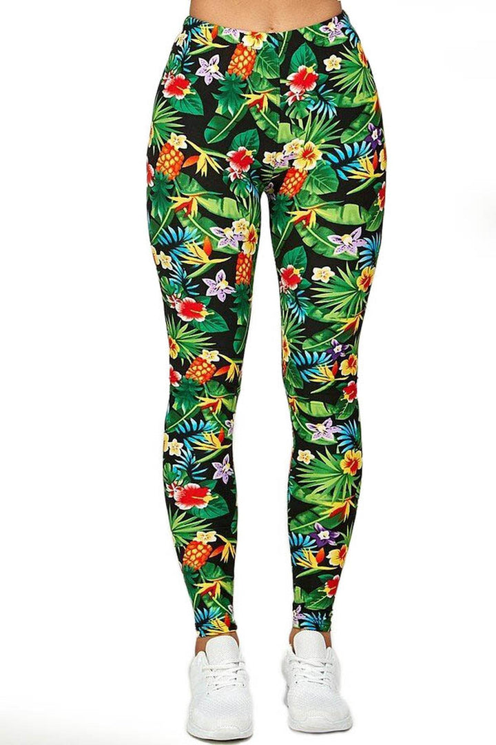 Buttery Soft Tropicana Floral Leggings (One Size Regular,Green)