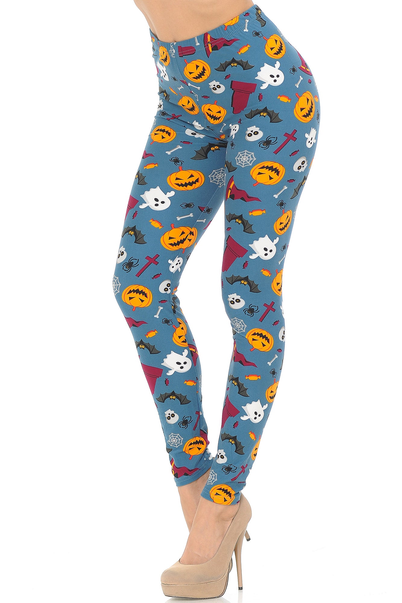 Buttery Soft Steel Blue Halloween Motif Leggings (One Size Regular,Blue)