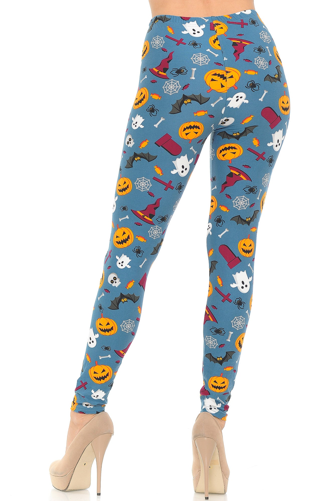 Buttery Soft Steel Blue Halloween Motif Leggings (One Size Regular,Blue)