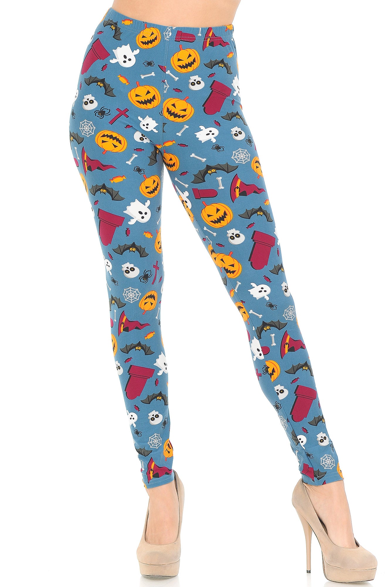 Buttery Soft Steel Blue Halloween Motif Leggings (One Size Regular,Blue)