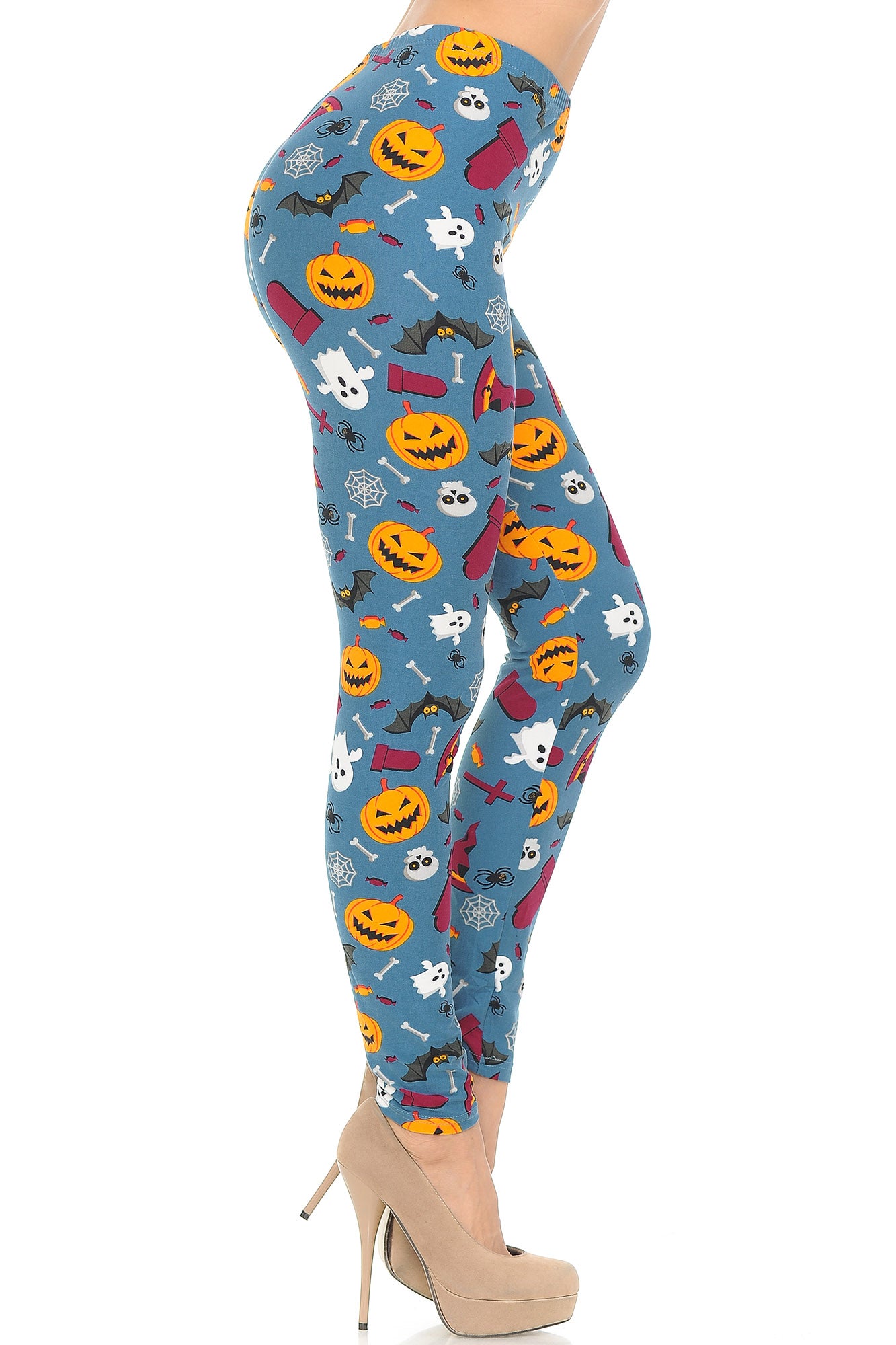 Buttery Soft Steel Blue Halloween Motif Leggings (One Size Regular,Blue)