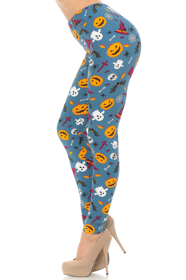 Buttery Soft Steel Blue Halloween Motif Leggings (One Size Regular,Blue)