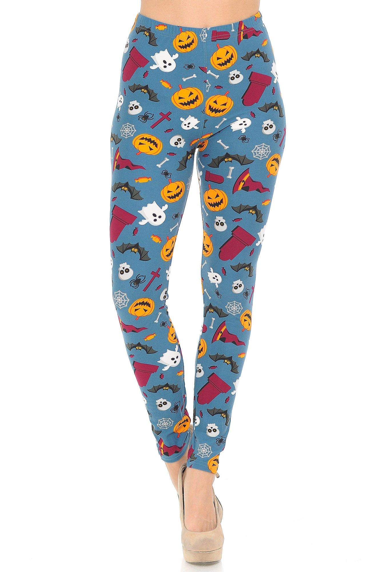 Buttery Soft Steel Blue Halloween Motif Leggings (One Size Regular,Blue)