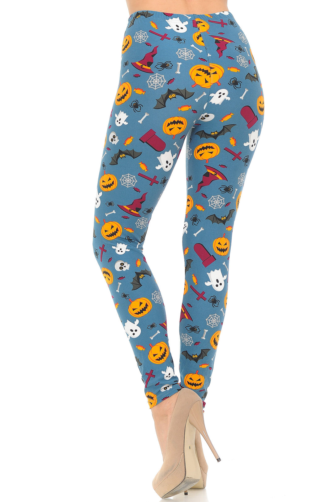 Buttery Soft Steel Blue Halloween Motif Leggings (One Size Regular,Blue)
