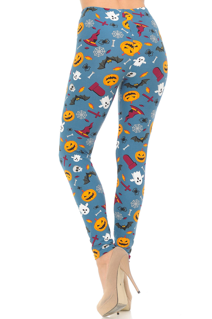Buttery Soft Steel Blue Halloween Motif Leggings (One Size Regular,Blue)