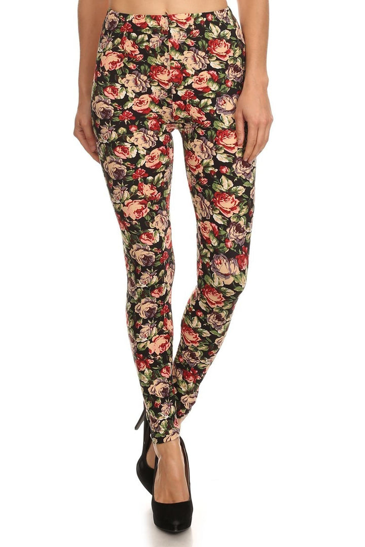 Buttery Soft Vintage Floral Leggings (One Size Regular,Multi Color Bold)