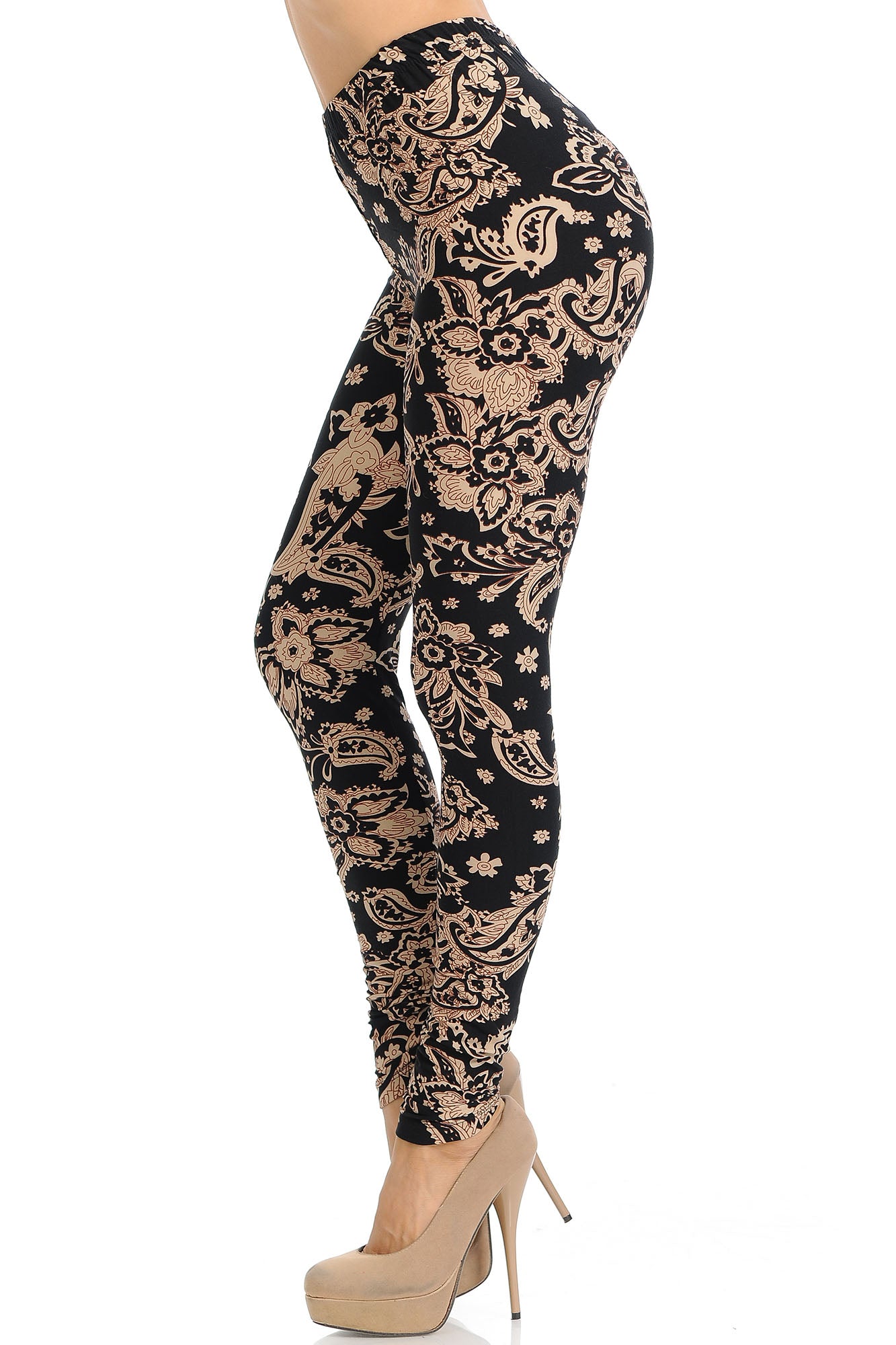 Buttery Soft Sand Pepper Paisley Leggings (One Size Regular,Beige)