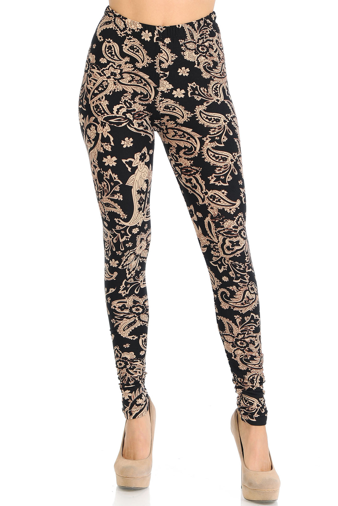 Buttery Soft Sand Pepper Paisley Leggings (One Size Regular,Beige)