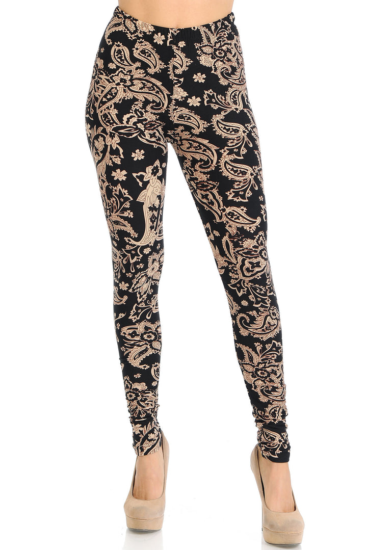 Buttery Soft Sand Pepper Paisley Leggings (One Size Regular,Beige)