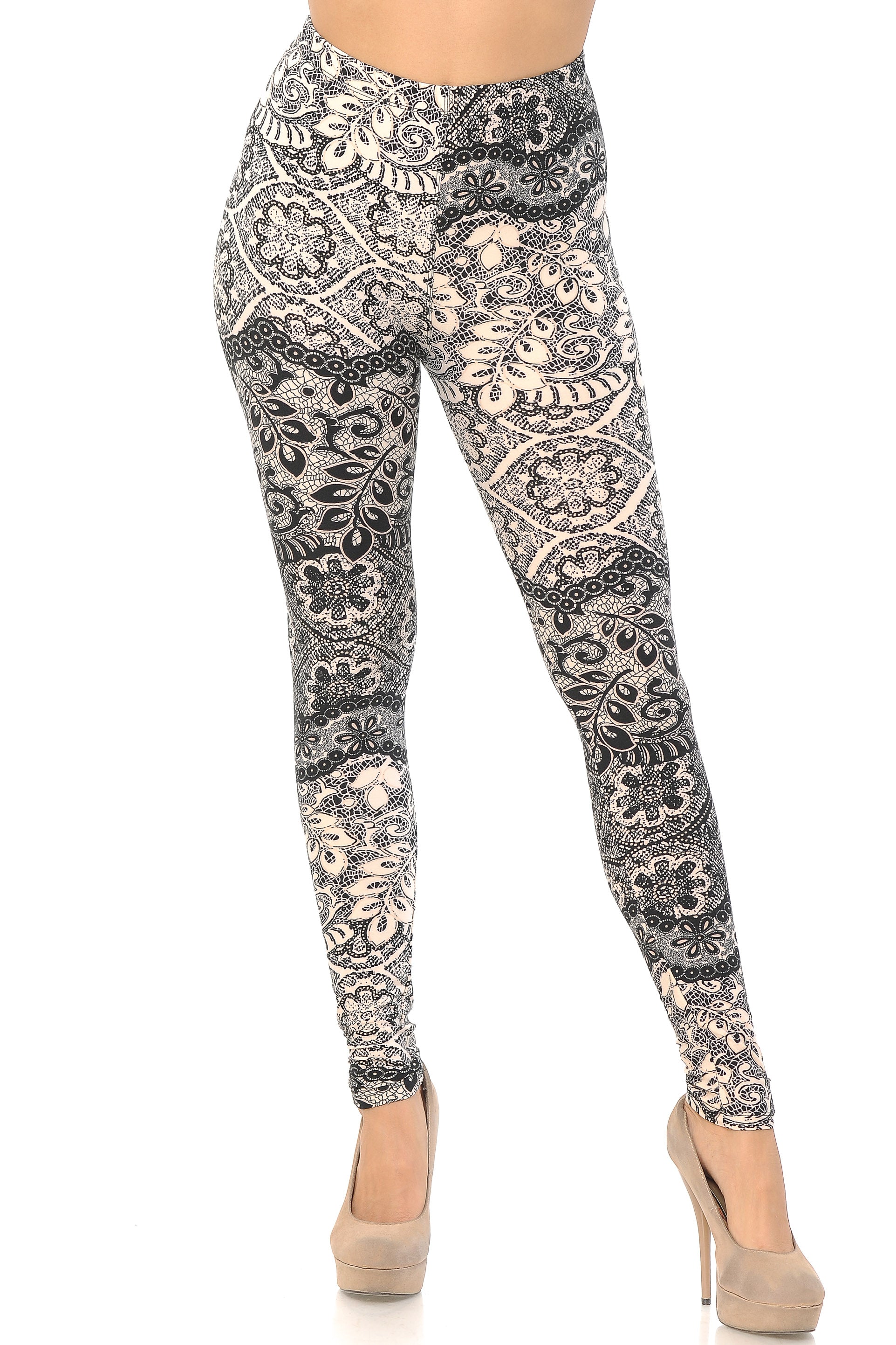 Buttery Soft Cream Leaf Leggings (One Size Regular,Beige)
