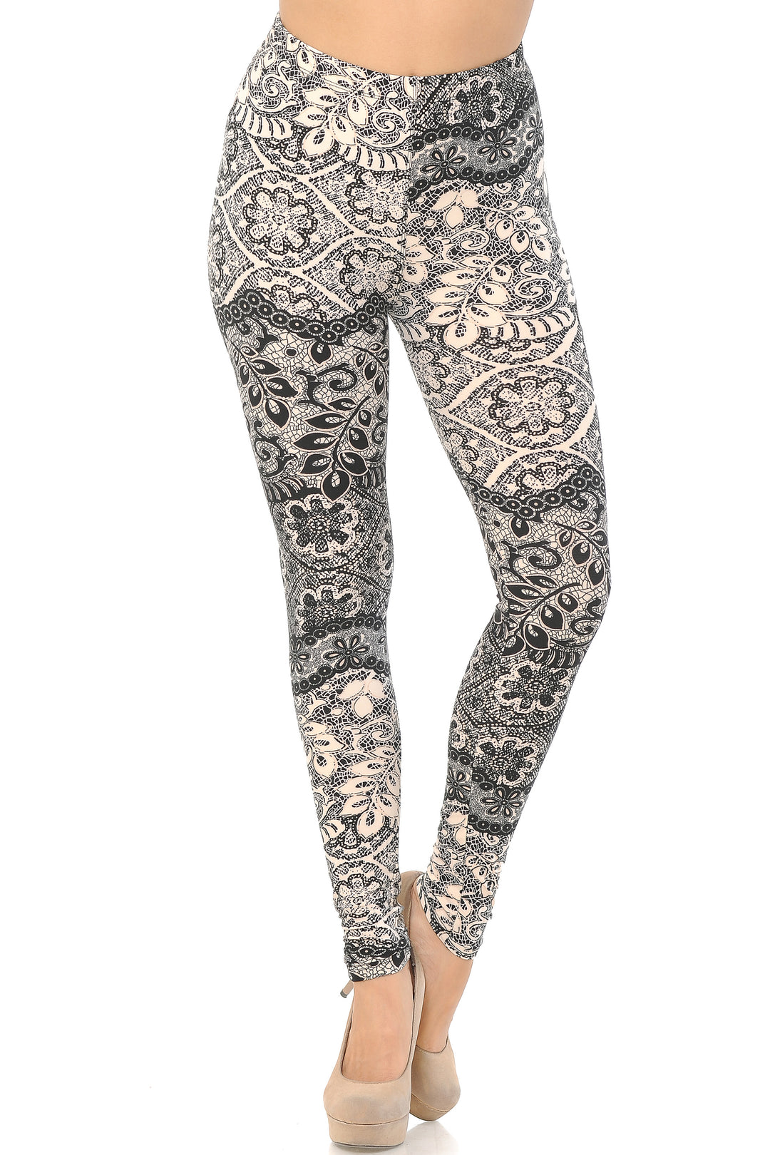 Buttery Soft Cream Leaf Leggings (One Size Regular,Beige)