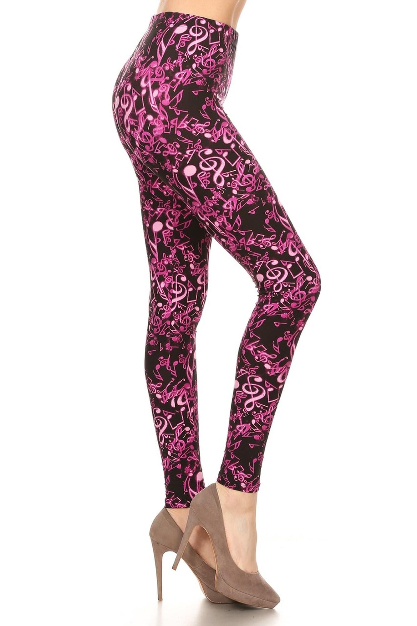 Buttery Soft Electric Fuchsia Music Note Leggings (One Size Regular,Fuchsia)