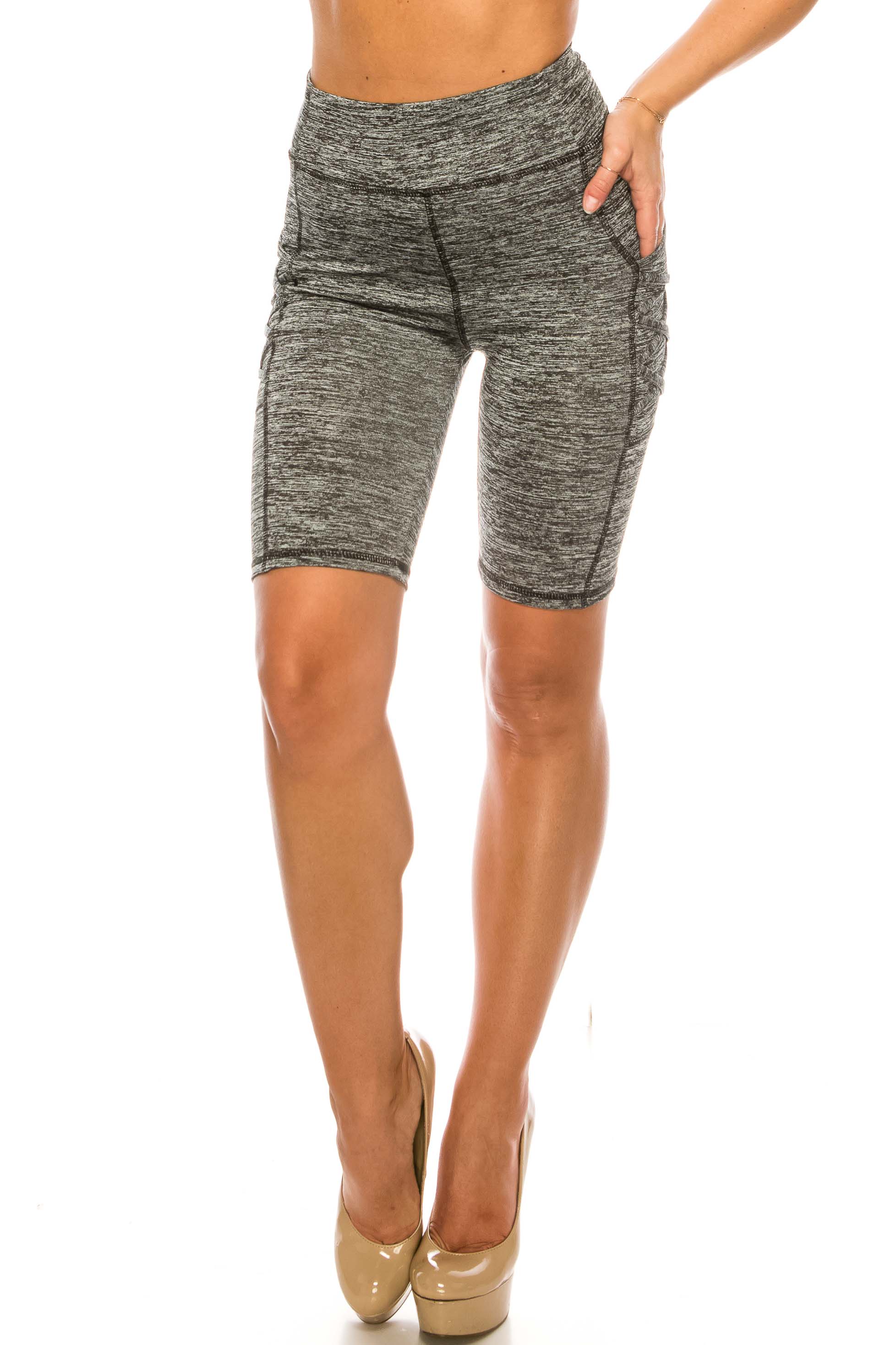 Solid Heathered Crisscross Detail High Waist Sport Biker Shorts with Side Pocket