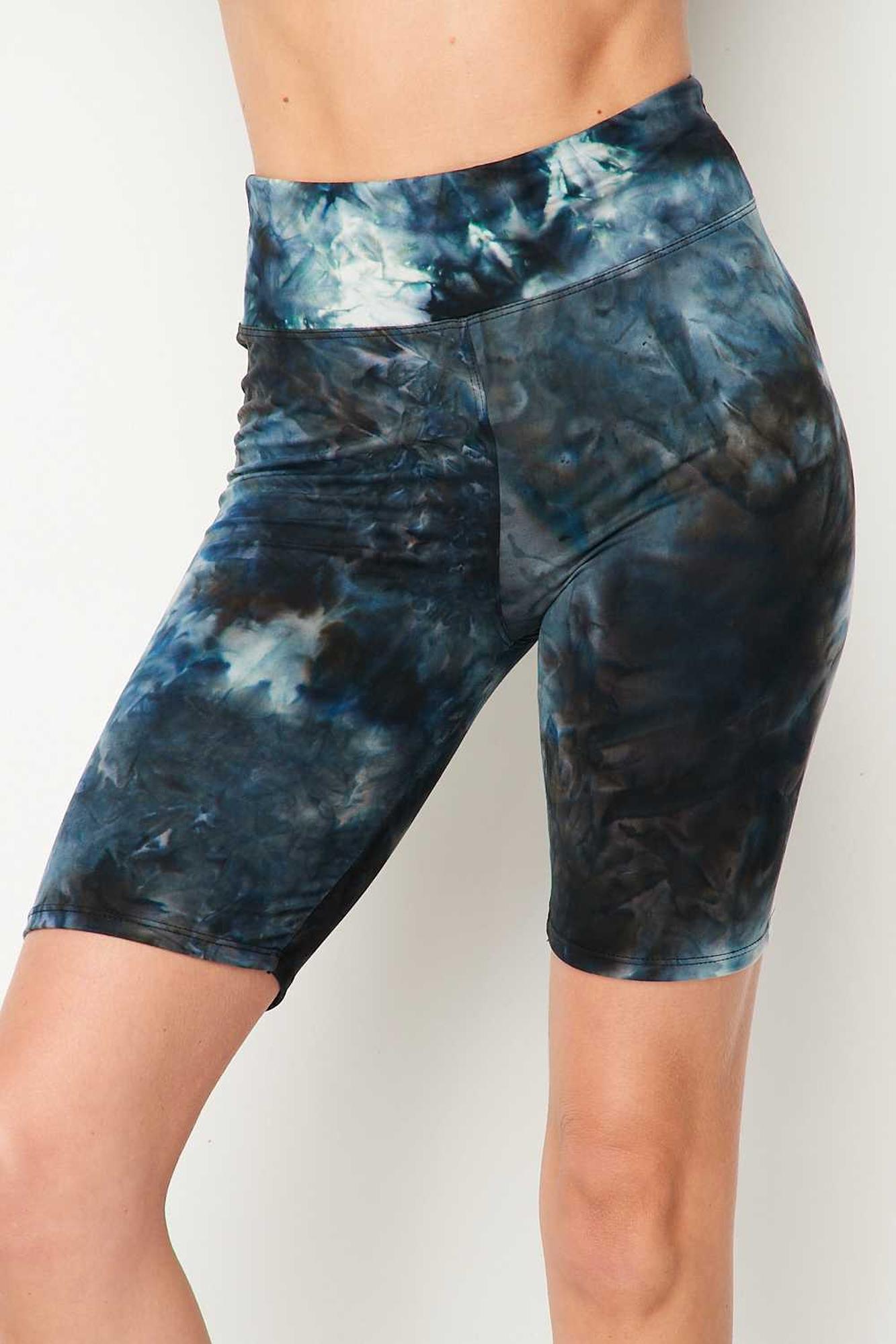 Steel Blue Tie Dye High Waisted Biker Shorts - 3 Inch Waist