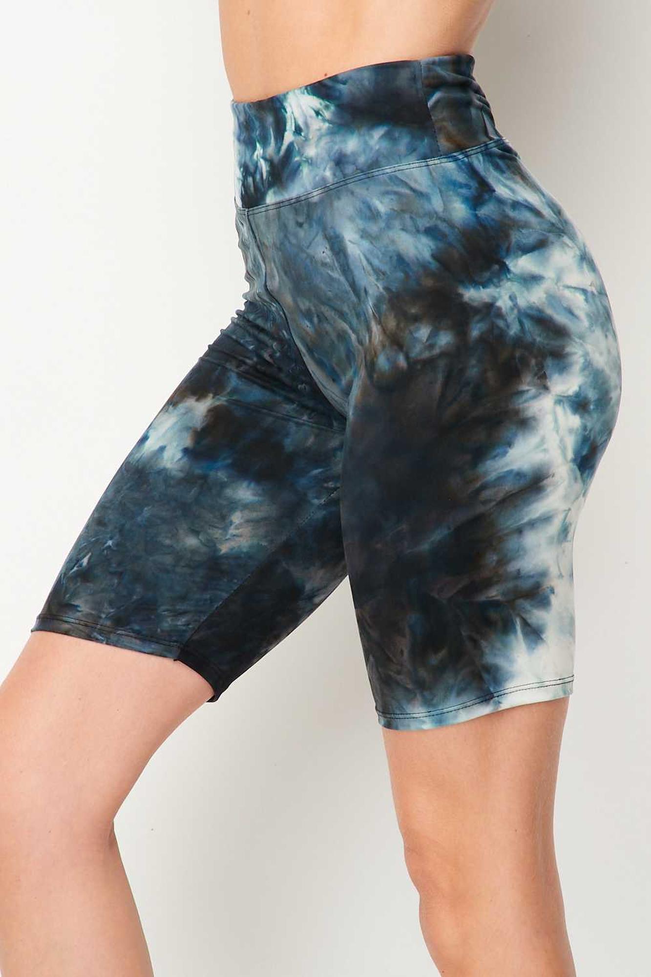 Steel Blue Tie Dye High Waisted Biker Shorts - 3 Inch Waist