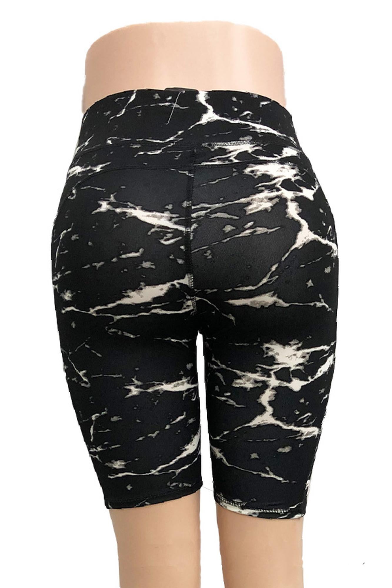 Black Marble High Waist Sport Biker Shorts with Side Pocket