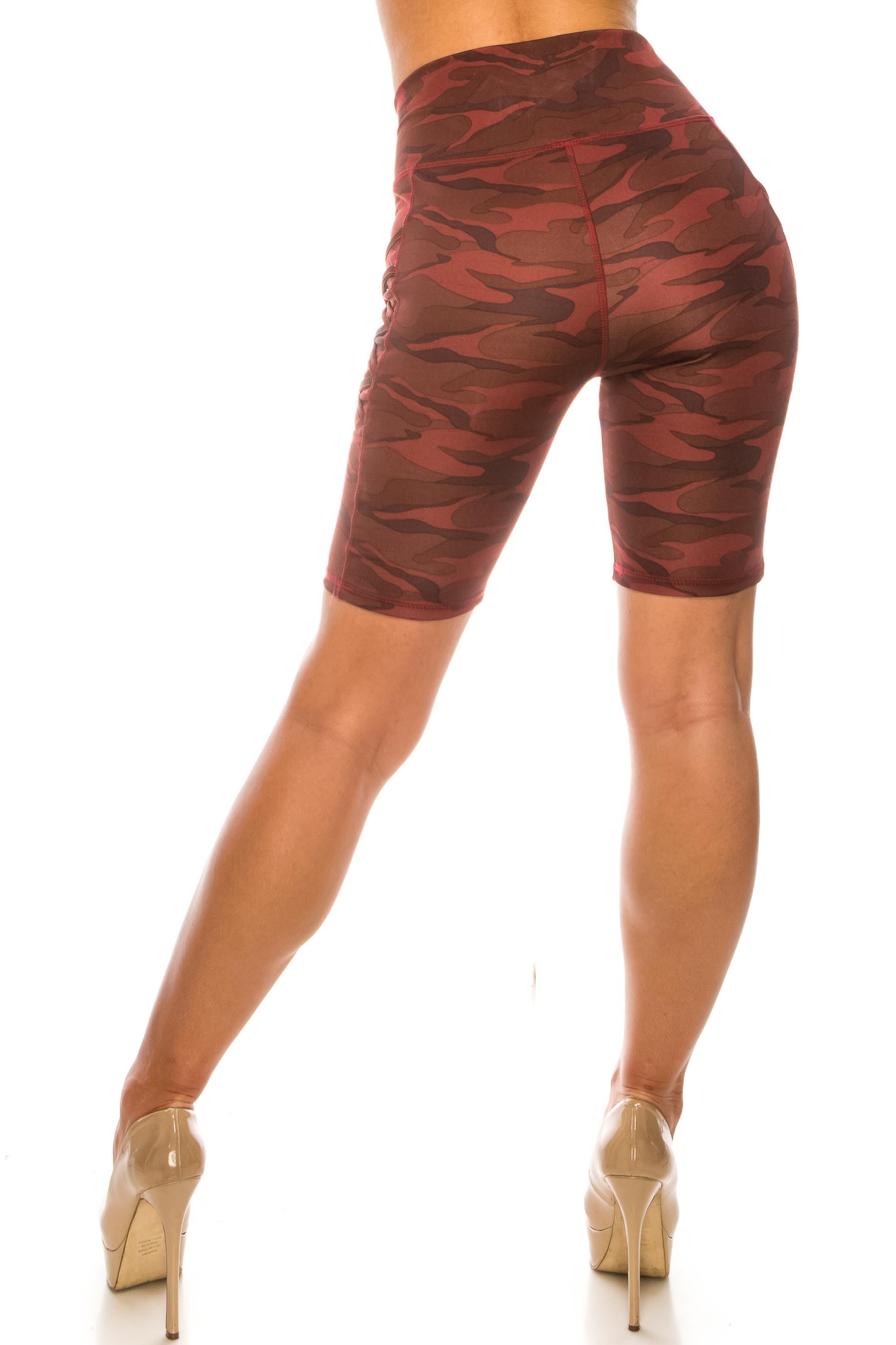 Burgundy Camouflage Crisscross Detail Sport Biker Shorts with Side Pocket