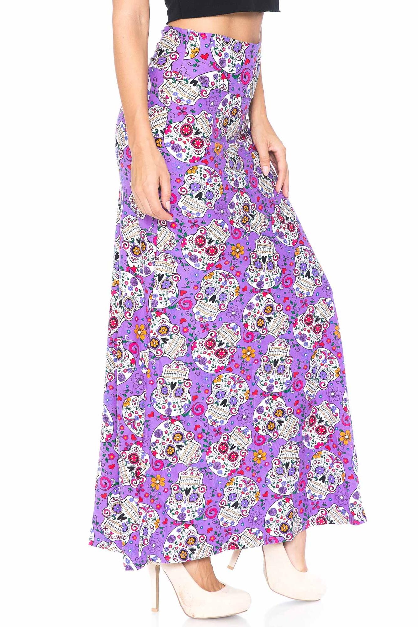 Buttery Soft Purple Sugar Skull Maxi Skirt (One Size Regular,Purple)