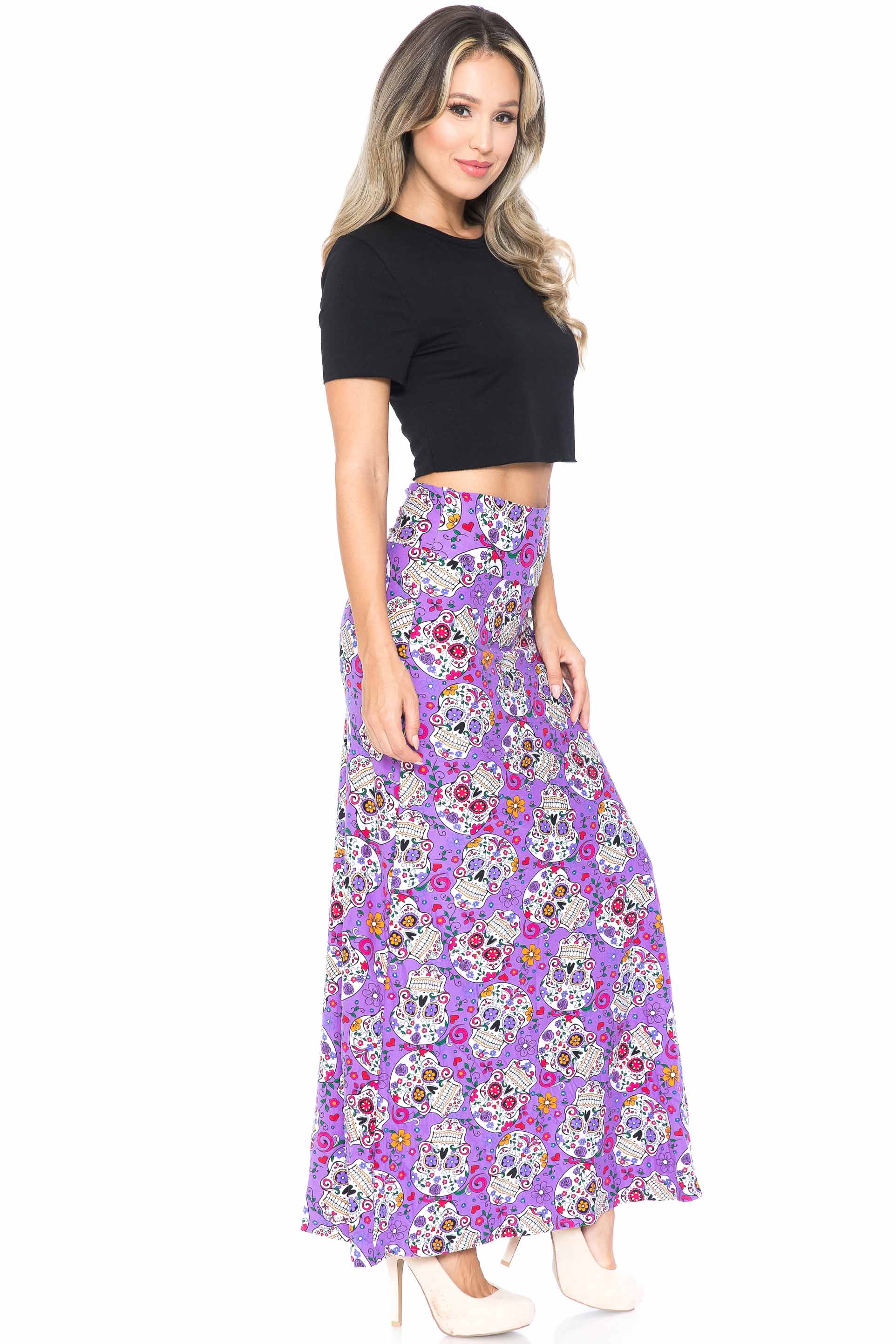 Buttery Soft Purple Sugar Skull Maxi Skirt (One Size Regular,Purple)