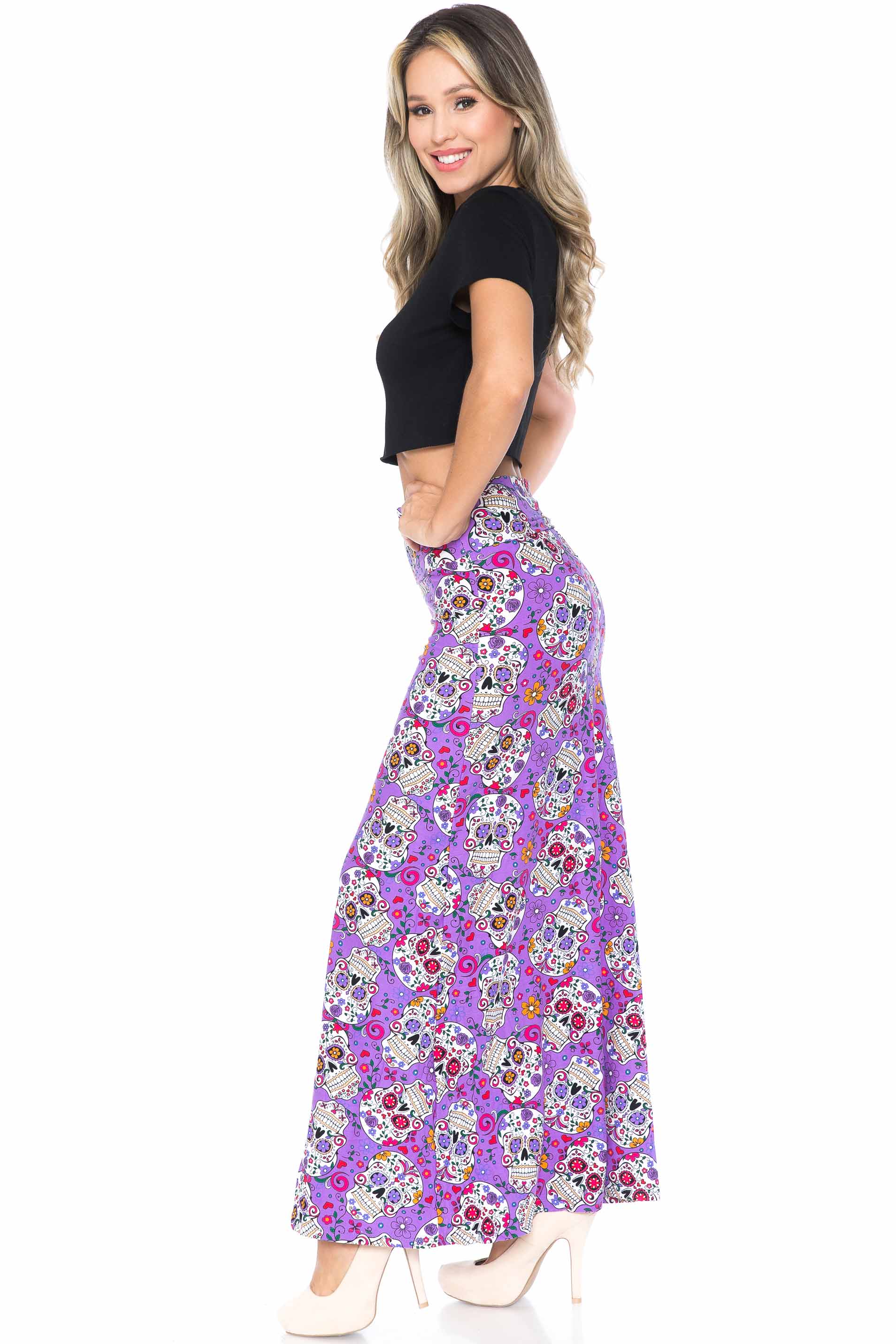 Buttery Soft Purple Sugar Skull Maxi Skirt (One Size Regular,Purple)