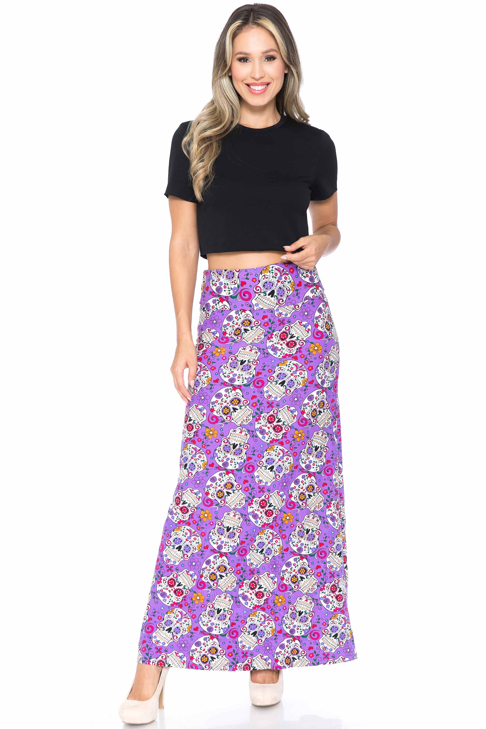 Buttery Soft Purple Sugar Skull Maxi Skirt (One Size Regular,Purple)