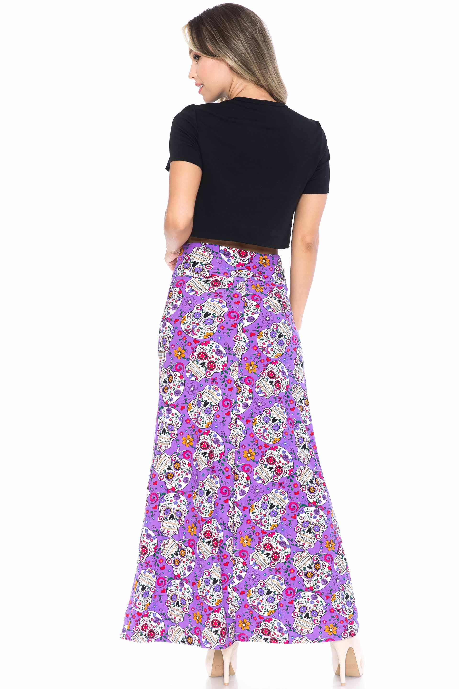 Buttery Soft Purple Sugar Skull Maxi Skirt (One Size Regular,Purple)