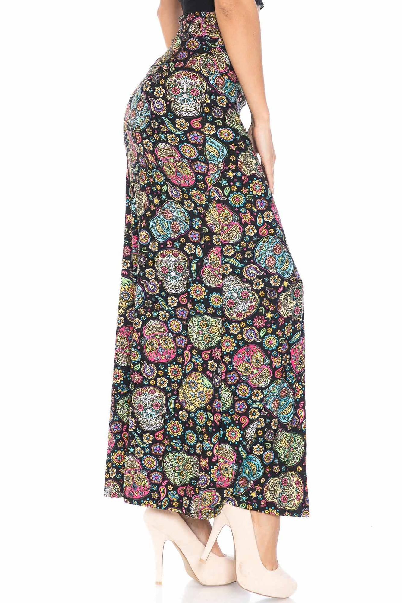 Buttery Soft Mandala Sugar Skull Maxi Skirt (One Size Regular,Multi Color Bold)