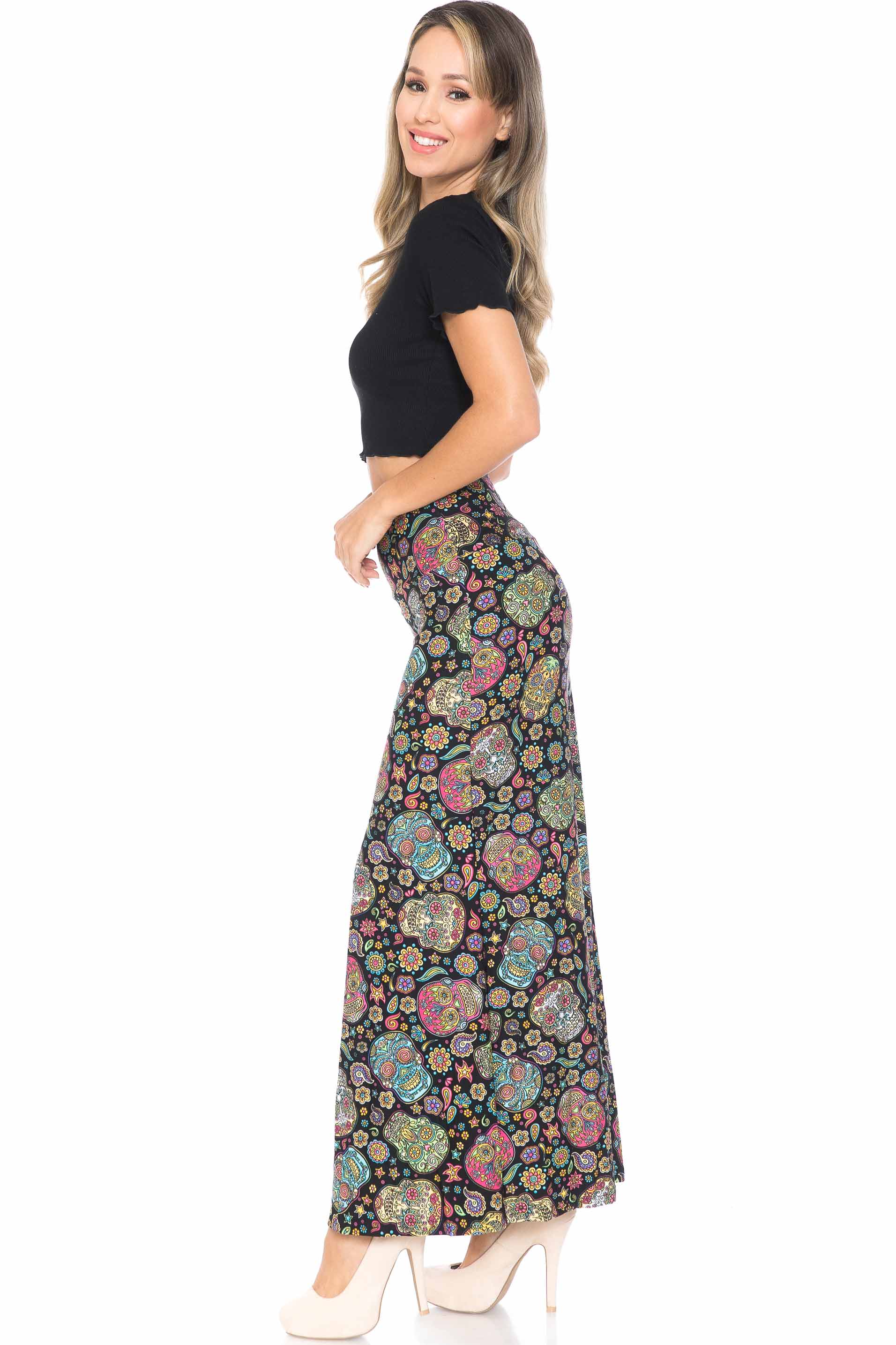 Buttery Soft Mandala Sugar Skull Maxi Skirt (One Size Regular,Multi Color Bold)